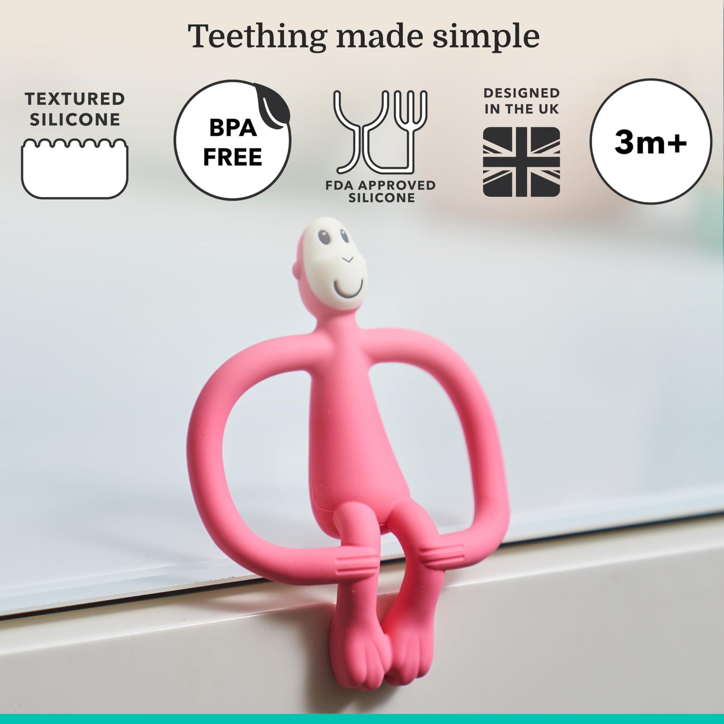 Matchstick Monkey Silicone Teether & Gel Applicator – Silicone Baby Teether, Easy-to-Grip, BPA-Free, Supports Self-Soothing & Early Brushing, 3 Months+, 4 Inches, Pink