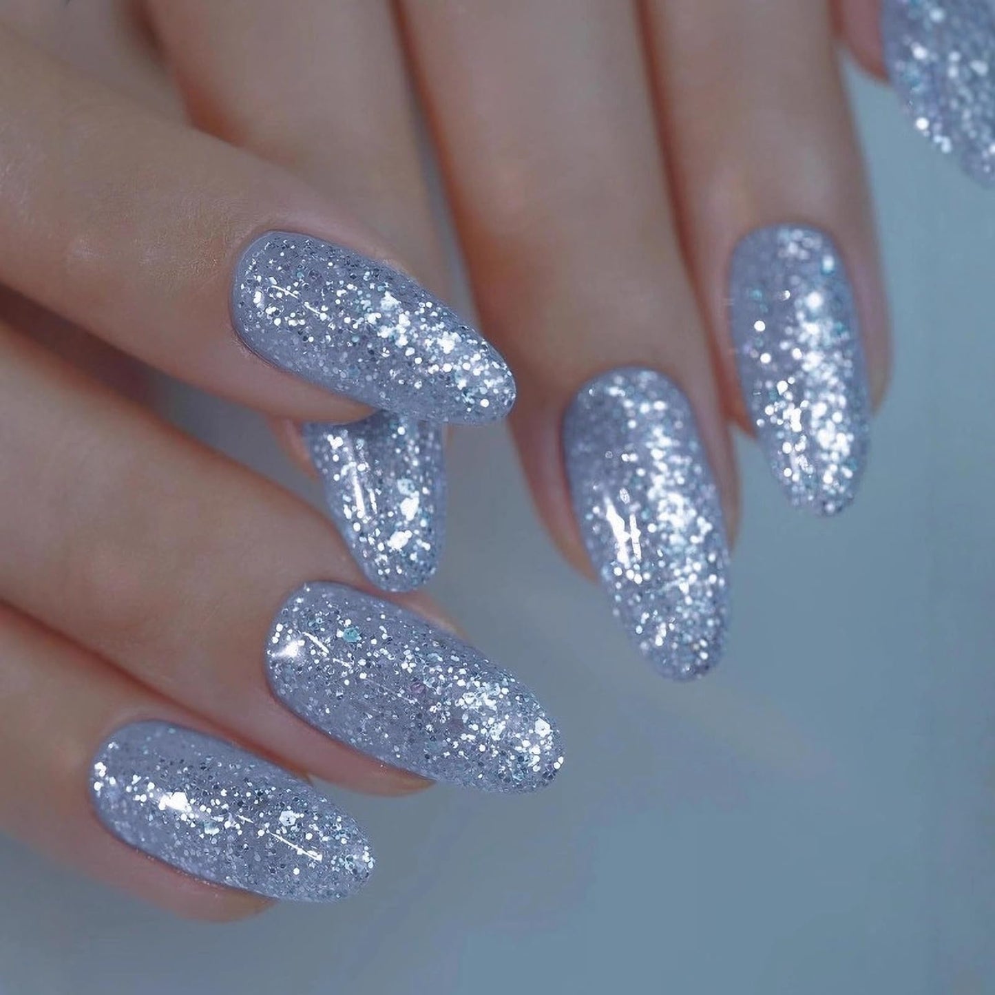 MISUD Press on Nails - Medium Almond Fake Nails with Bling Blue Purple Glitter, Acrylic Sparkly Design 24 pcs