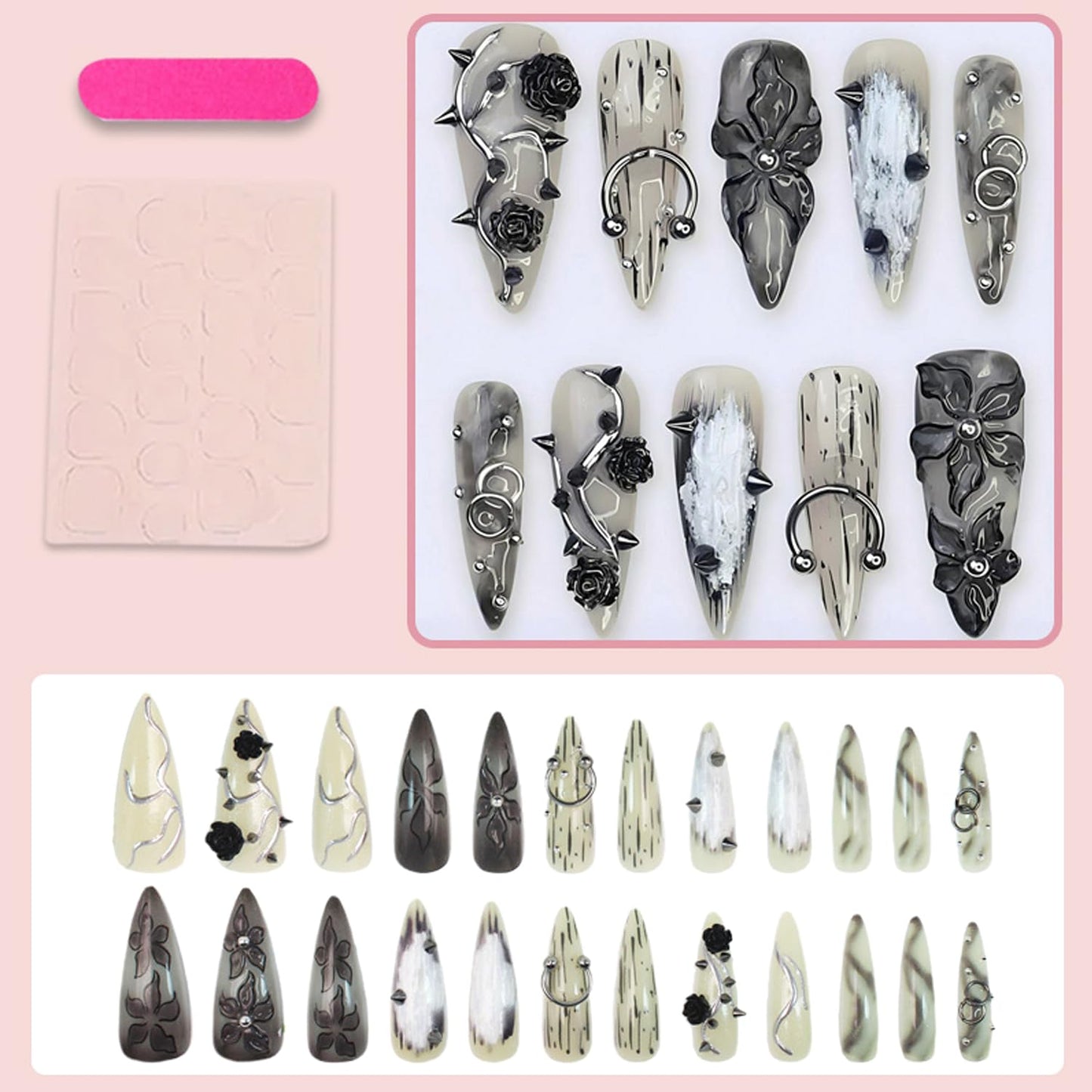 Gothic Press On Nails Long Stiletto Fake Nails with 3D Black Rose, Flower Spikes & Piercing Rhinestones Studs Designs, Reusable Acrylic False Nails for Women Punk Goth Manicure Halloween Party 24Pcs