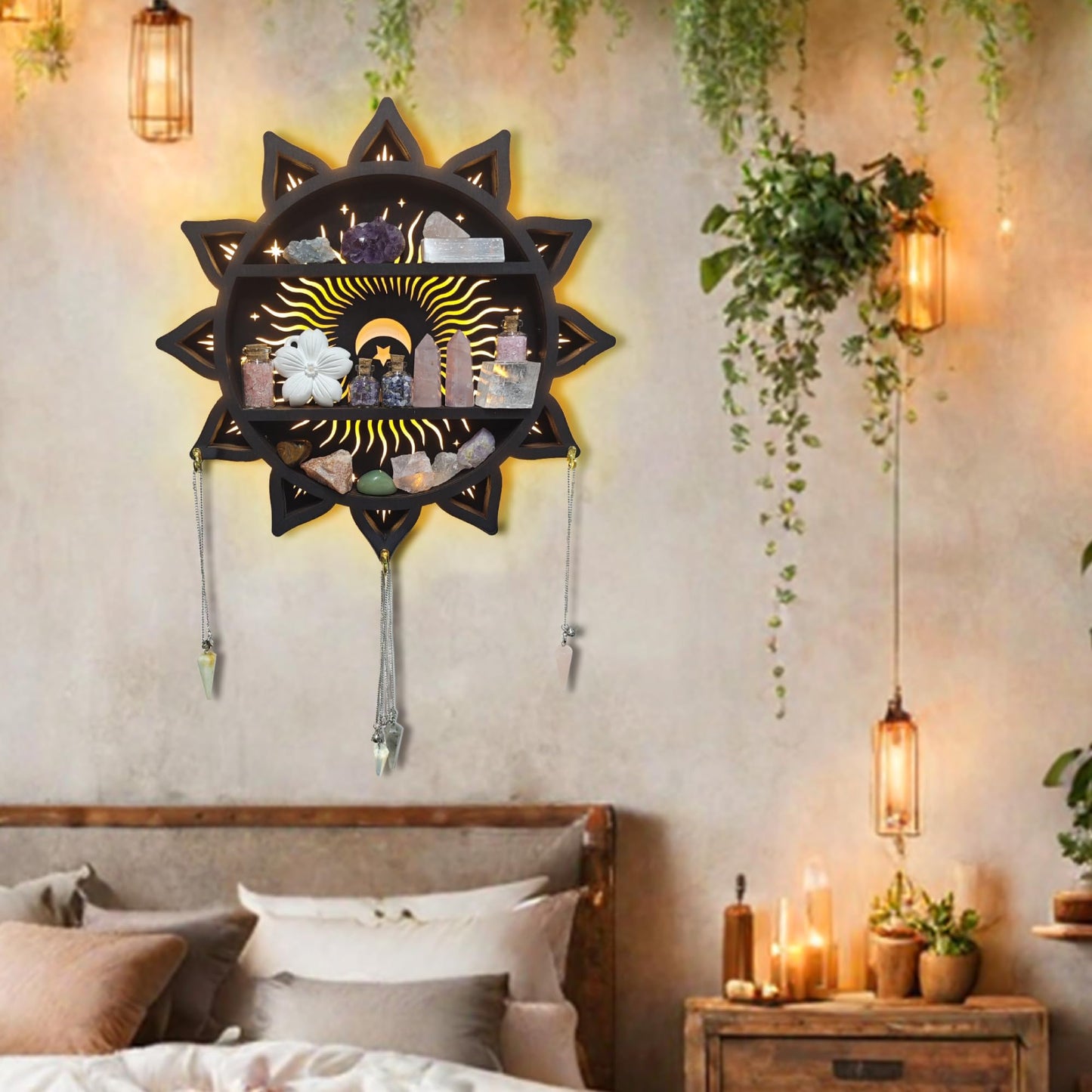 FNYDOX Chakra Lotus Flower Crystal Display Shelf with LED Light, Witchy Home Decor Boho Decorative Wall Mounted Trinket Shelf Wooden Sun Moon Shelf Rock Case Stone Storage Floating Hanging Holder