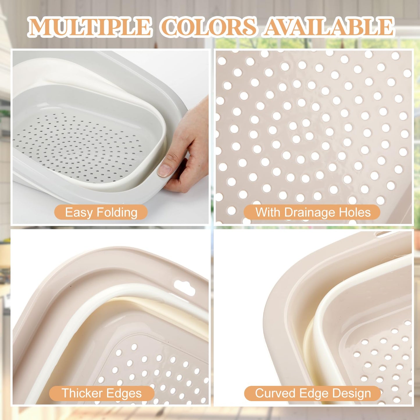 Singhoow 3 Set Collapsible Colander and Sink Basin 2-4-8 Qt Dish Pan and Strainer Set with Drain Holes 2-in-1 Foldable Fruit Vegetable Washing Basket for Kitchen Camping Travel (Green, Pink, Gray)