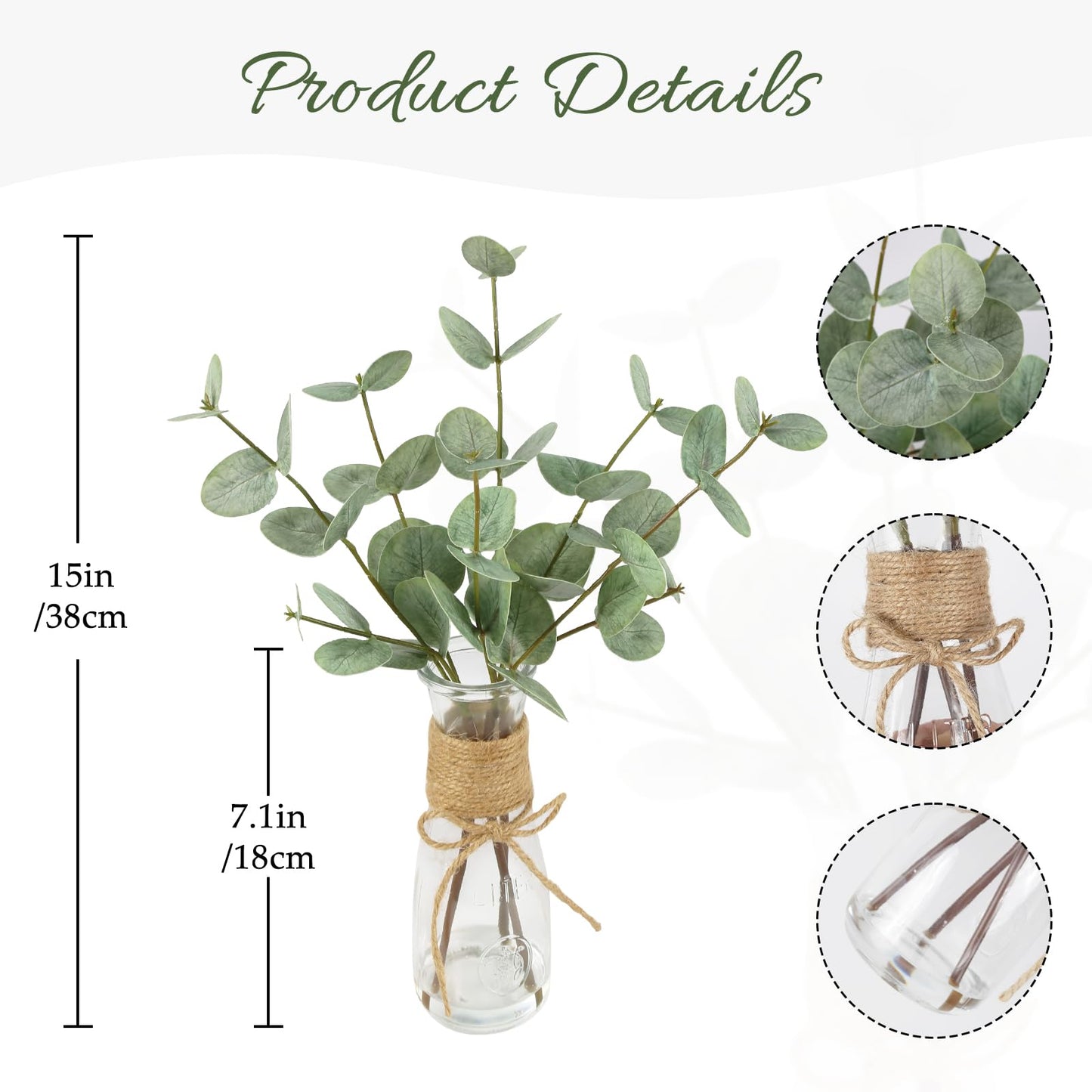 YIFYBY Artificial Eucalyptus Stems in Glass Vase with Faux Water, 15’’ Fake Plant Double-Sided Green Eucalyptus Leaves for Home Table Centerpiece Bathroom Farmhouse Decor(Green)
