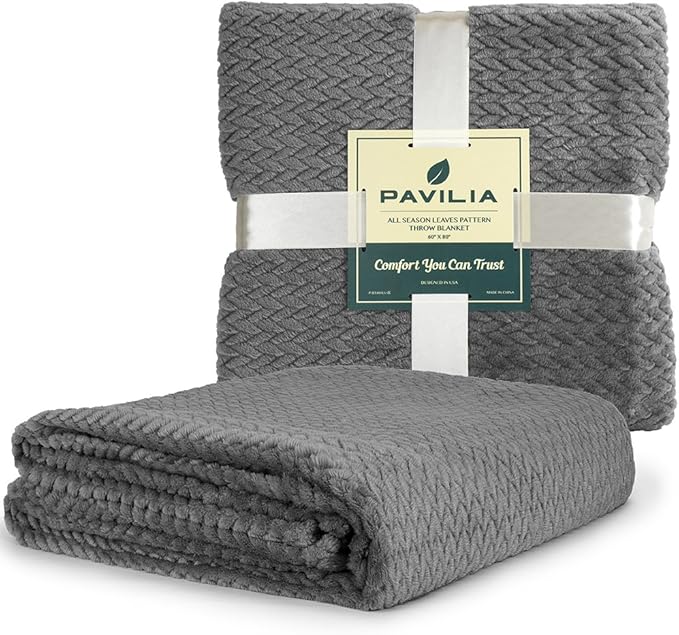 PAVILIA Soft Fleece Dark Grey Throw Blanket for Couch, Lightweight Plush Warm Blankets for Bed, Fuzzy Cozy Flannel Blanket Throw for Sofa, Travel, Jacquard Pattern, Charcoal Gray, Twin, 60x80 inch