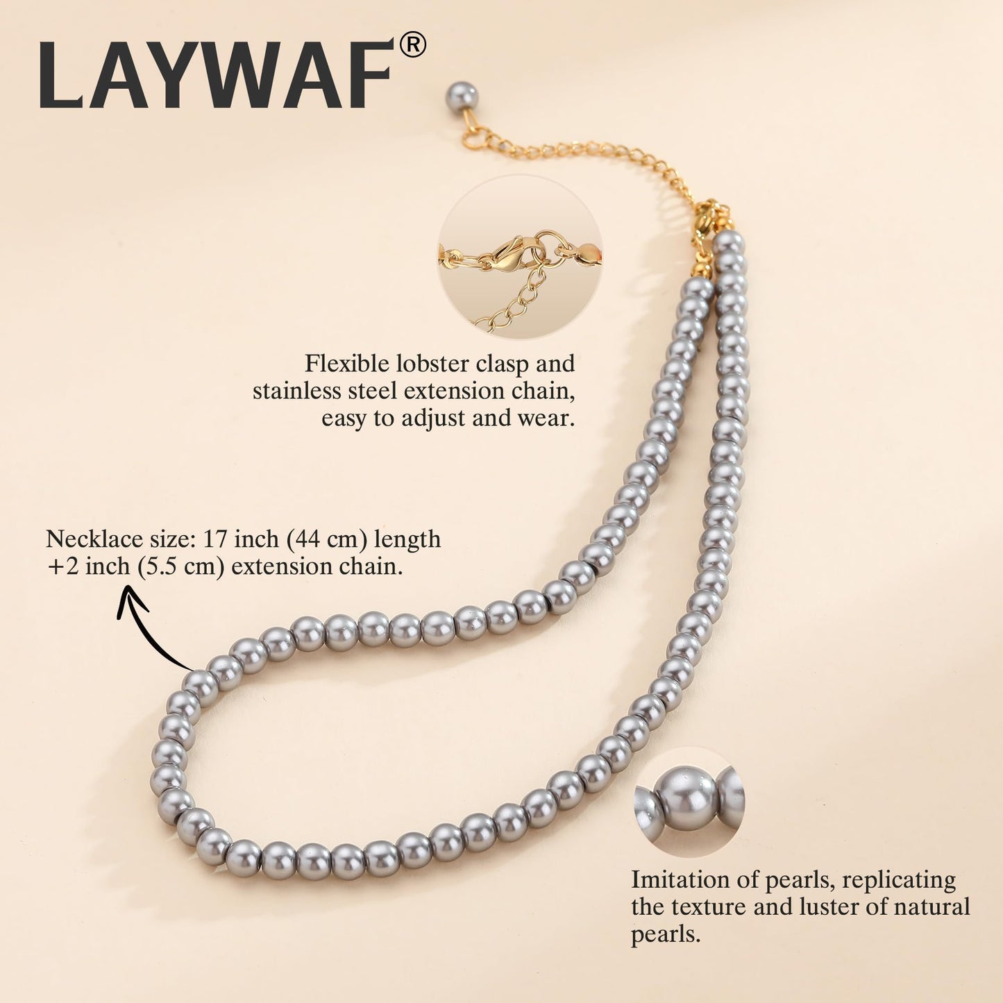 LAYWAF Navajo Beaded Necklace, Faux Pearl Choker, Women's Costume Jewelry, Grey