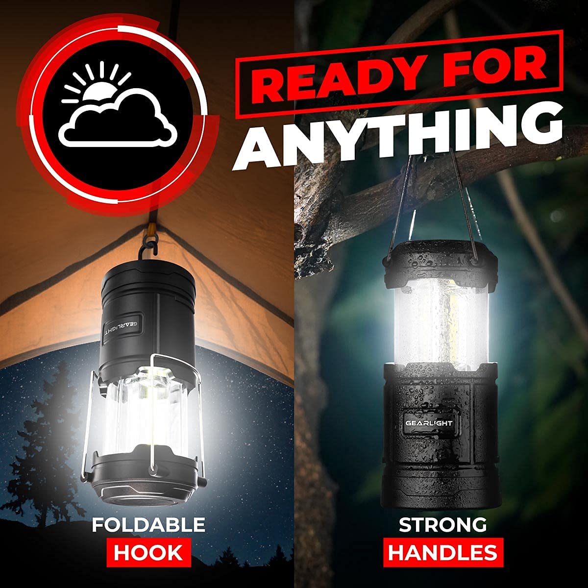 GearLight Camping Lantern - 2 Portable LED Battery Powered Lantern with Magnetic Base and Foldable Hook for Emergency Use or Campsites, Essential Hurricane Survival Kit with Batteries - Black