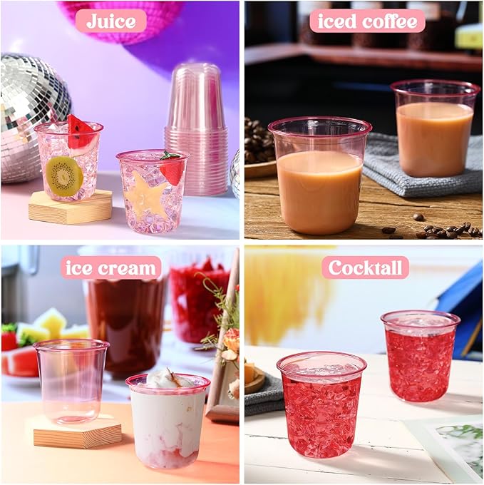 100 Pcs Disposable Stemless Glasses 12oz Crystal Plastic Wine Glasses Clear Classic Pet Cup for Meeting Weddings Birthdays Cocktail Christmas Party Supplies (Pink)