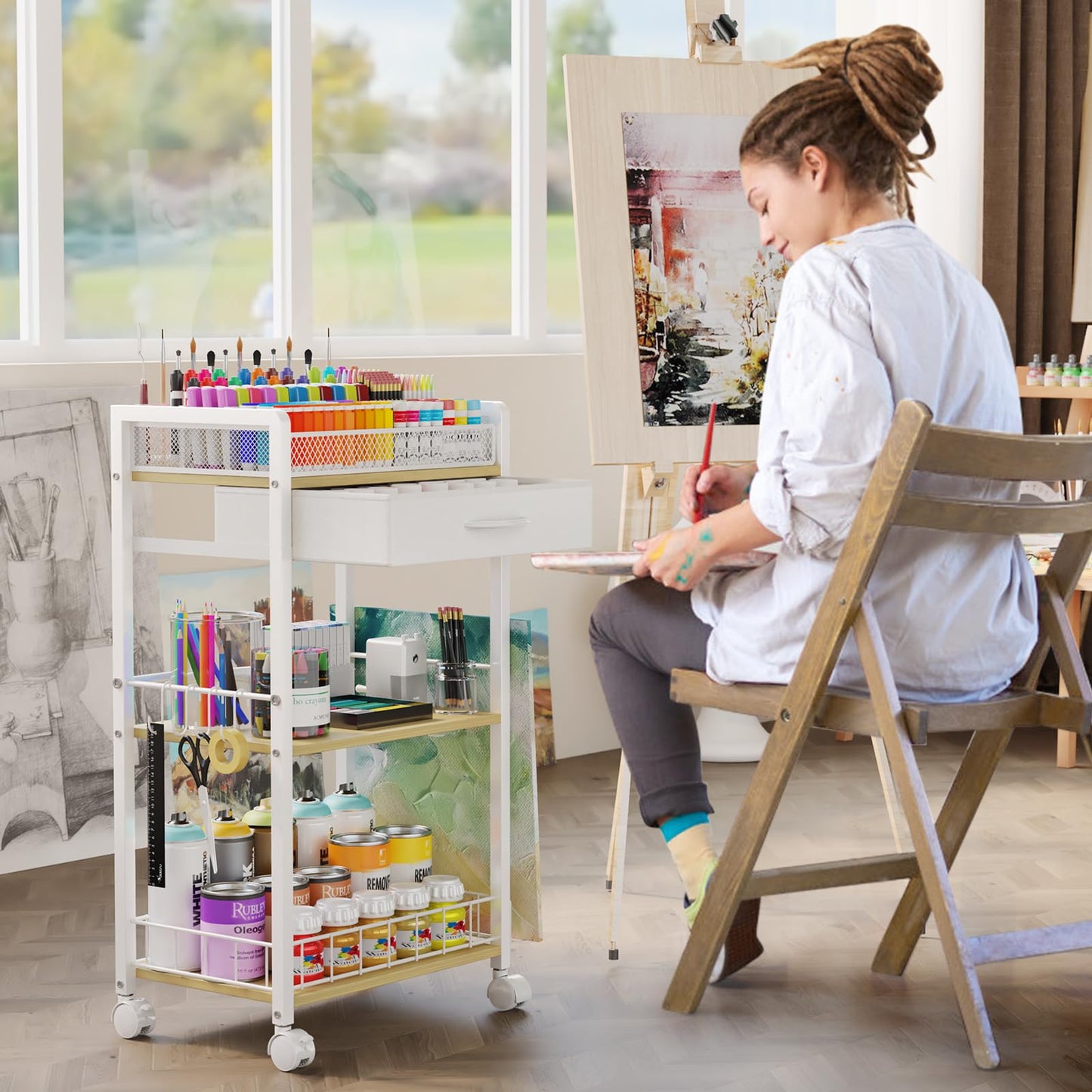 Homsorout 3 Tier Rolling Cart - Metal Utility Cart with Storage Drawer and Wheels, Versatile Art & Craft Organizer for Home, Office, or Studio Ideal for Storing Brushes, Paints, and Supplies White