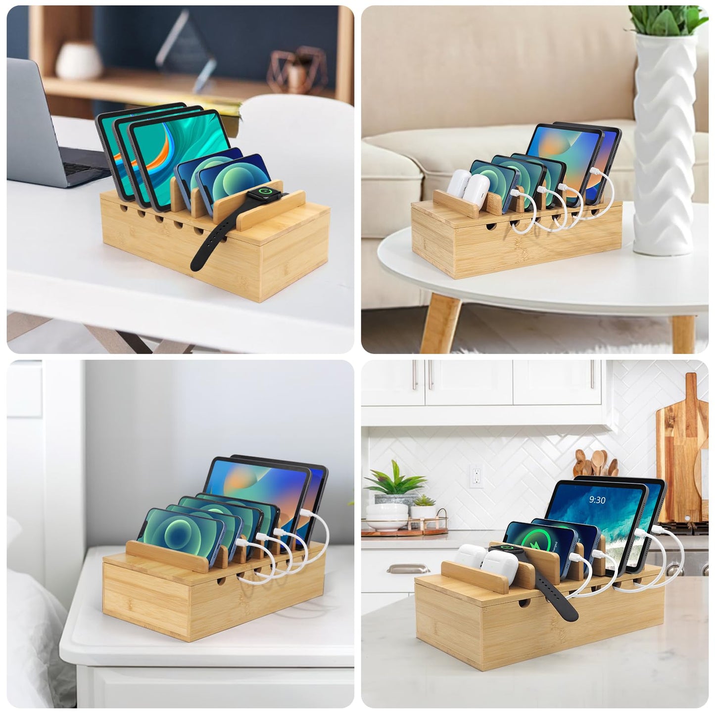 LEOKKARR Bamboo Charging Station for Multiple Devices (Includes 5 Port USB Charger, 6 x Charge Cables), Upgrade Desk Docking Stations Organizer for iPhone Devices, Tablets, Laptop Holder Stand