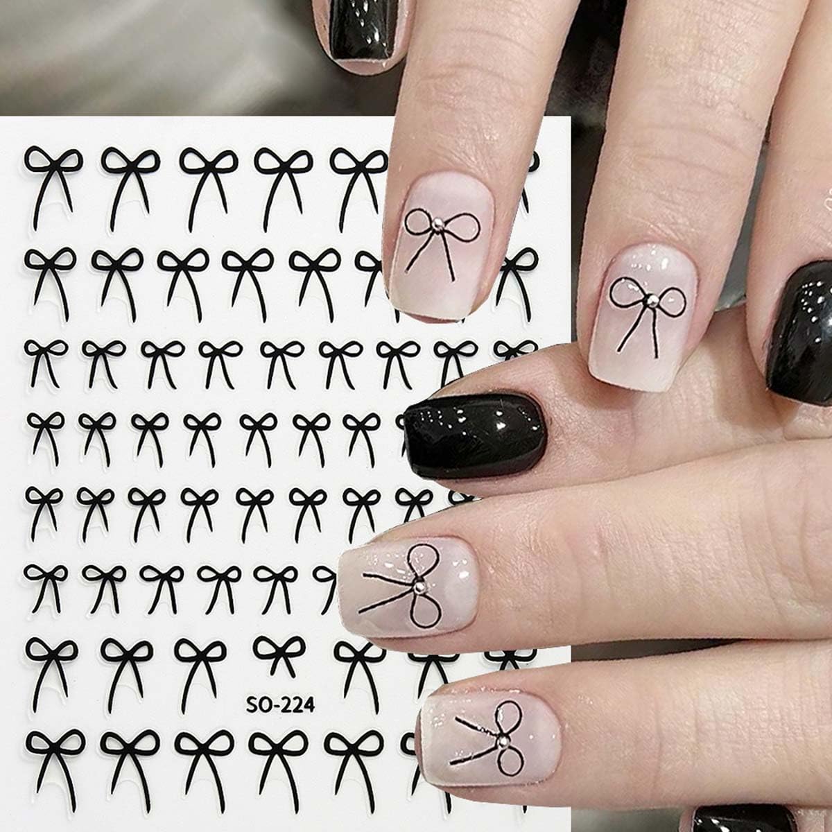 Cute Bow Nail Art Stickers 8 Sheets - Self-Adhesive Nail Decals Glossy Finish, Colors: Black, White, Red, Gold & Aurora, 3D Embossed Nail Stickers for Women DIY