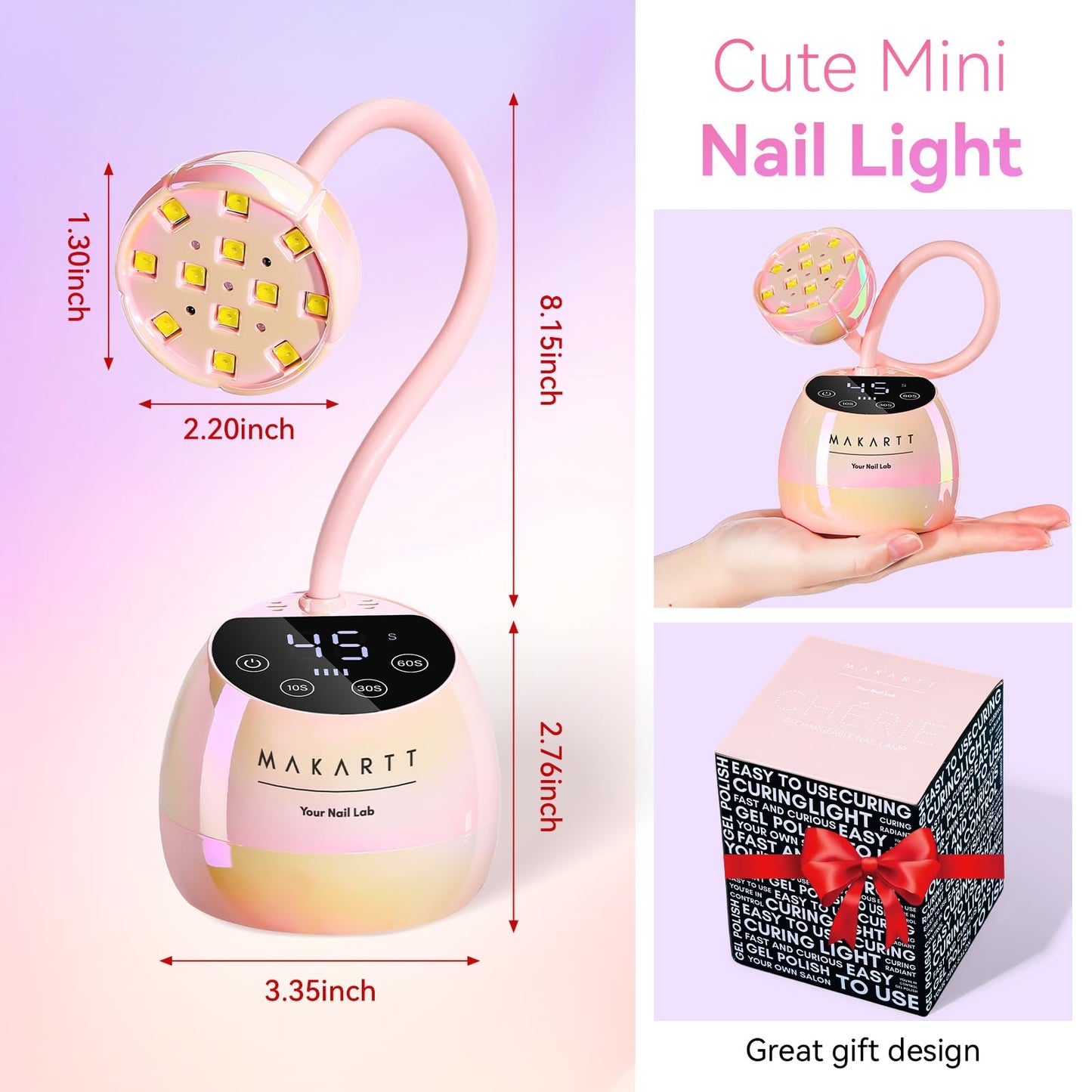 Makartt UV LED Nail Lamp - Gooseneck UV Light for Nails Cordless Rechargeable USB 39mW/cm² Dryer LED Lamp with Auto Sensor 4 Timer Settings Fast Curing for Nail Art Polish (Glazed Pink)