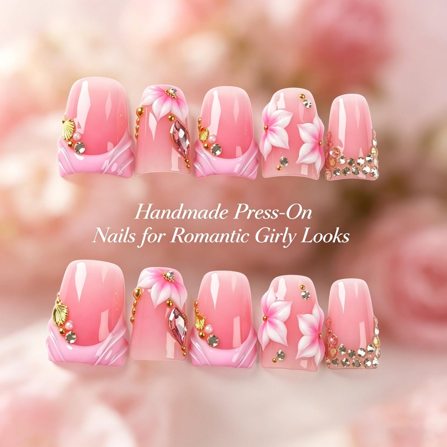 Handmade Press on Nails 3D Cute Glue on Nails for Women, Luxury Duck Nail Art Design, Fake Nails with 3D Nail Charms Size M 2