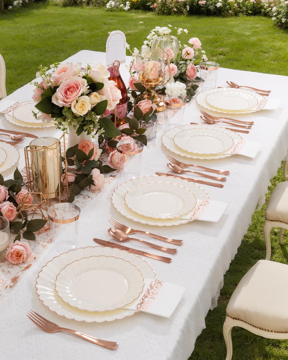 YOUBET 175PCS Ivory Scalloped Plastic Plates - Rose Gold Disposable Dinnerware Set Include 50 Plates, 75 Rose Gold Silverware, 25 Cups, 25 Napkins for Party & Wedding & Baby Shower