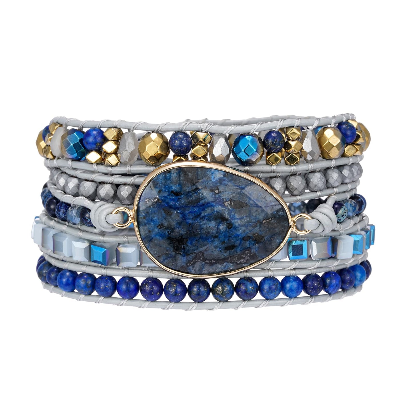 Plumiss Women Natural Blue Labradorite Stone Boho 5 Wrap Bracelet Jewelry Gift