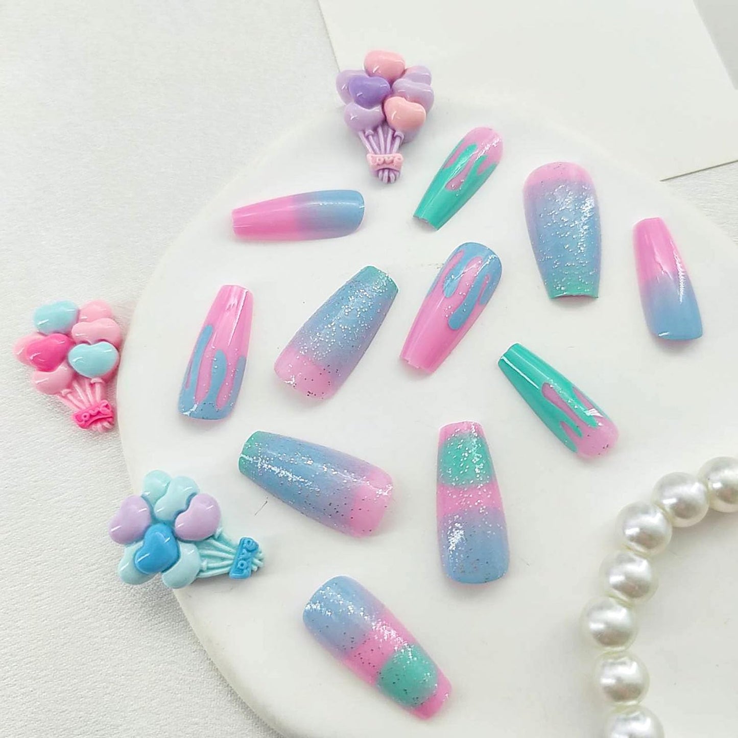 STADWWK Coffin Press On Nails Medium, 24pcs, Plastic, Glossy, Blue Pink, Silver Glitter Gradient Designs, Art Deco, Quick To Put On, Full Well Tips, False Nails
