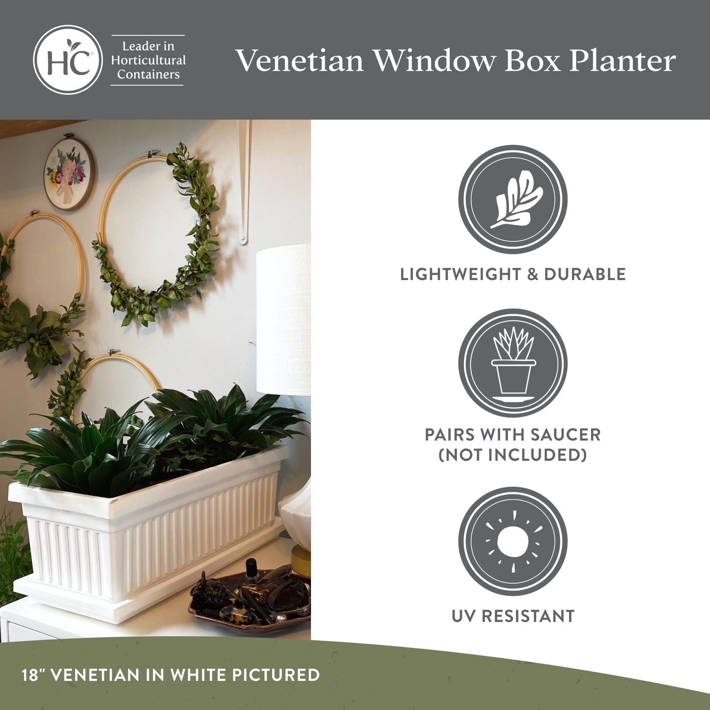 The HC Companies Venetian Window Planter Box w/Drain Plug - Long Planter Box for Windowsills, Balconies & More - Plastic Rectangular Outdoor Planters for Herbs & Flowers (18" Clay, Pack of 1)