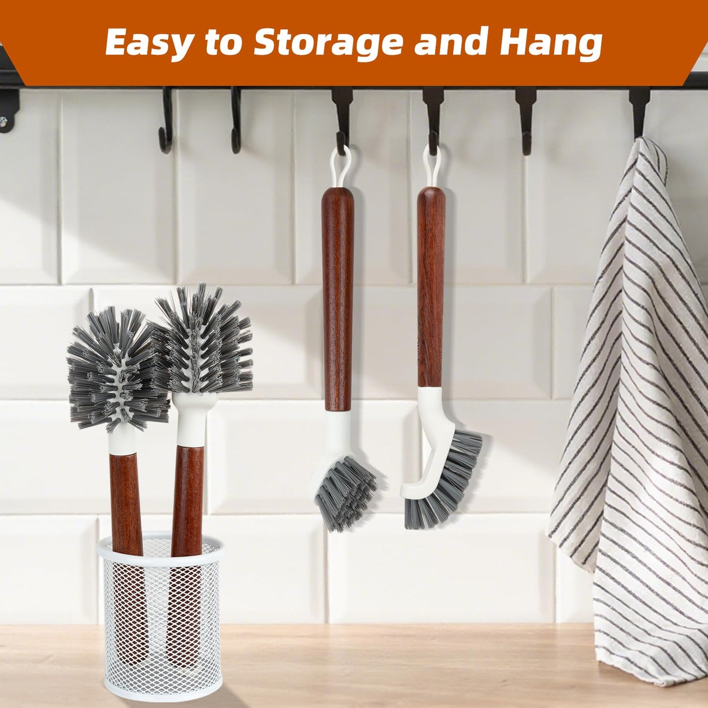 QLTUDN 4-Pack Heavy Duty Scrub Brushes with 11" Sapele Wood Handle – PBT Bristles & TPR Loop – Kitchen, Bathroom, Grout, Dish & Tile Cleaner – Durable Non-Slip Multi-Surface Cleaning Brush Set