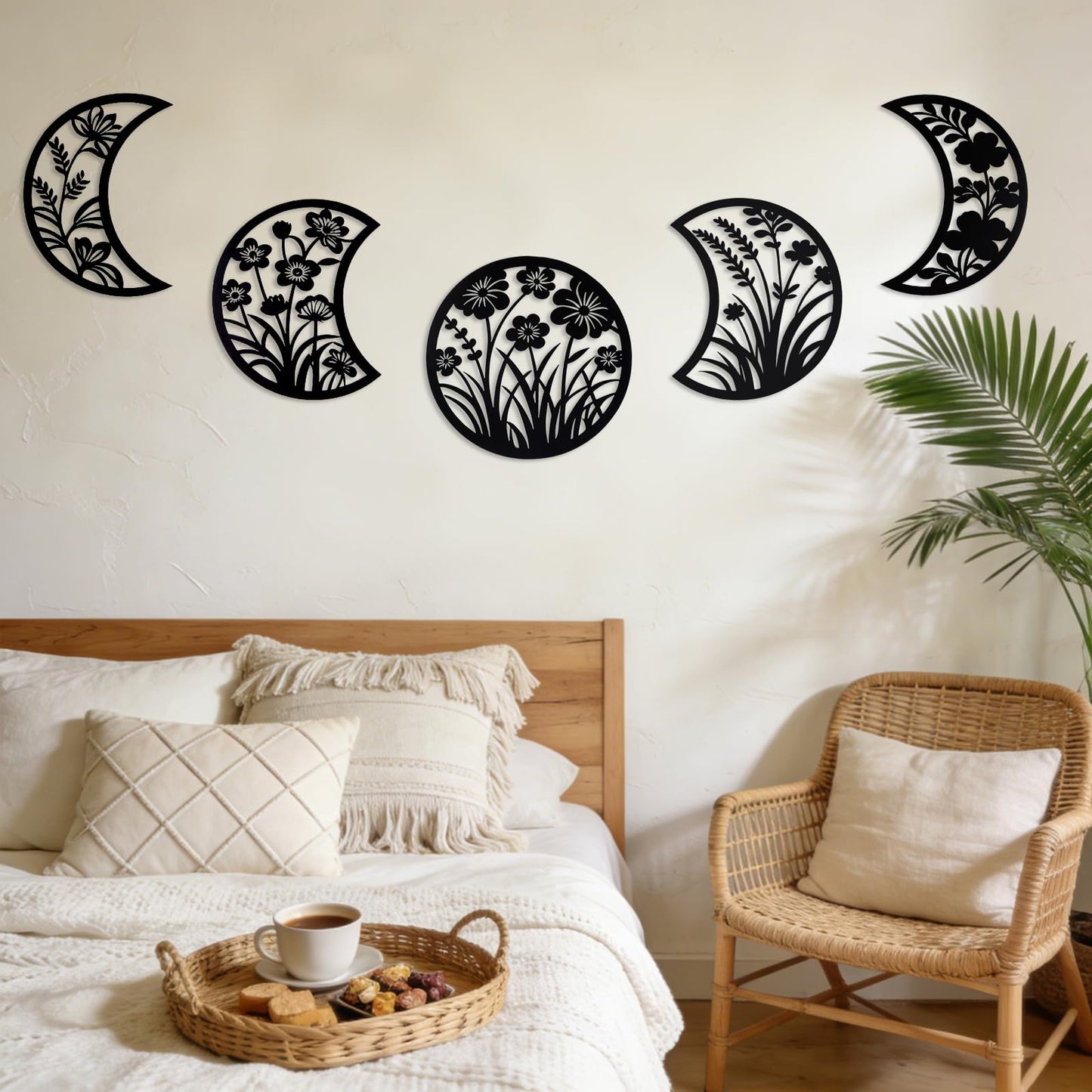 Larber 5PCS Black Metal Moon Phase Wall Hanging Decor 7.5–10 inch Moon Phase Wall Art with Floral & Herb Silhouettes Boho Lunar Aesthetic Art for Bedroom Gift Bathroom Restaurant Wall