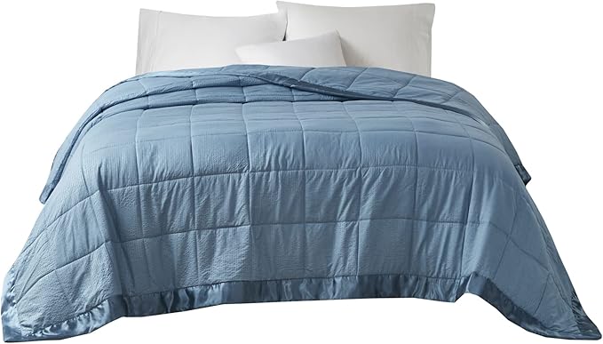 Madison Park Cambria Down Alternative Blanket, Premium 3M Scotchgard Moisture Wicking Treatment, Lightweight and Soft Bed Cover For Summer with Satin Trim, Oversized King Slate Blue