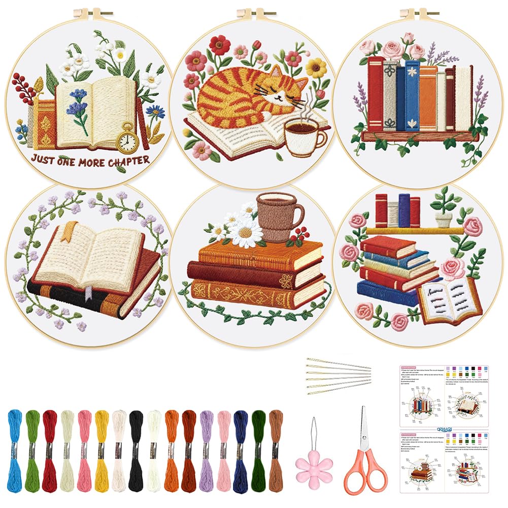 ORIGACH 6 Pack Book & Flower Embroidery Kits for Beginners, DIY Starter Hand Embroidery Kit with Floral Books Patterns and Instructions for Book Lover Adults Women Crafting