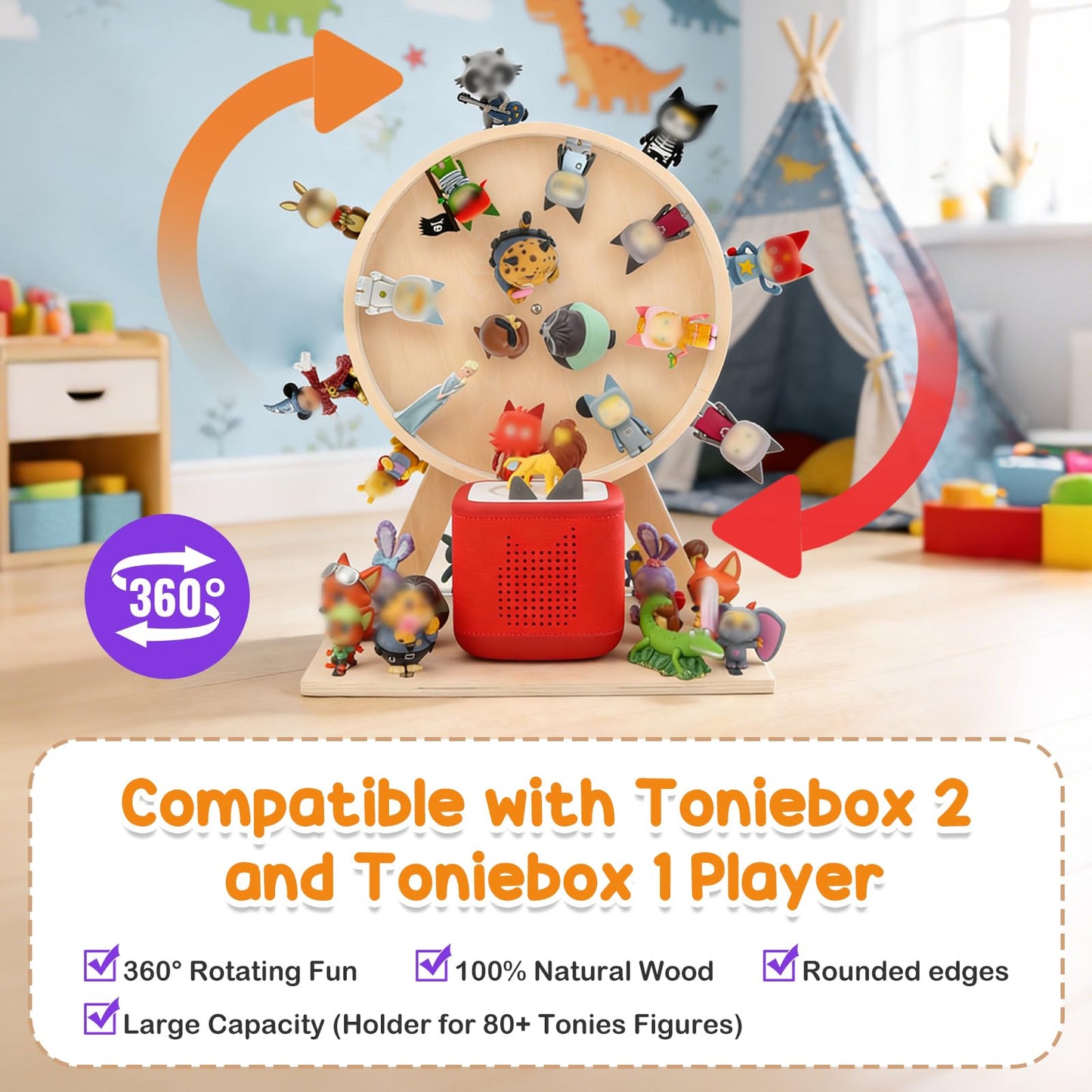 Taladad DIY Ferris Wheel Organizer for Tonie Figures, Holds 80+, 360° Rotating Wooden Shelf Compatible with Tonie Box 2&1 Player, Includes 60 Metal Plates for Custom Storage, Kid's Room Decor