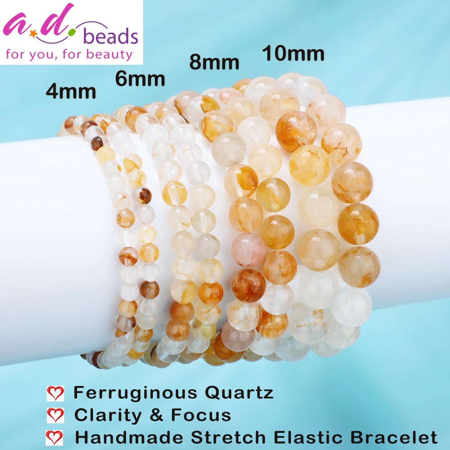 AD Beads 4mm Handmade Ferruginous Quartz Elastic Bracelet – Natural Gemstone for Clarity & Focus – Meditation, Yoga, Healing and Energy Gift for Men Women