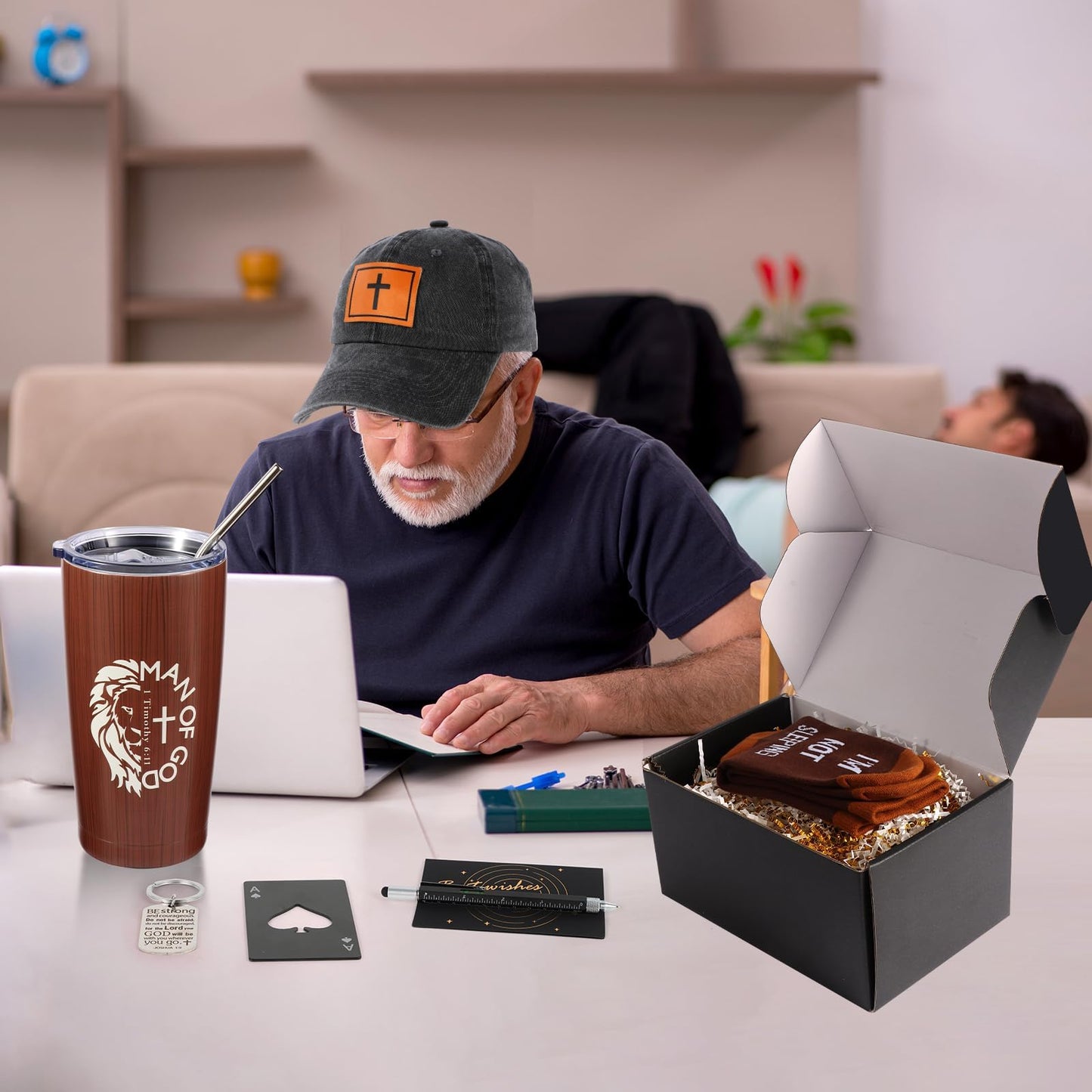 Kolewo4ever 9 Pcs Christian Gifts for Men Dad Religious Gifts for Father Spiritual Religious Catholic Gift Box for Male Friends Co-workers