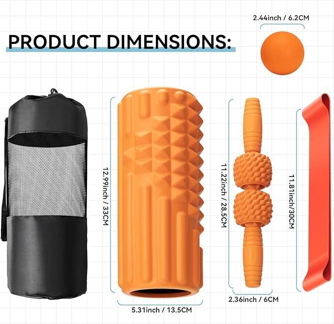 5 in 1 Foam Roller Set, Trigger Point Back Roller, Muscle Roller Stick, Massage Ball, Massage Roller, Resistance Band for Deep Tissue Massage Fitness Exercise Yoga Pilates(Orange)