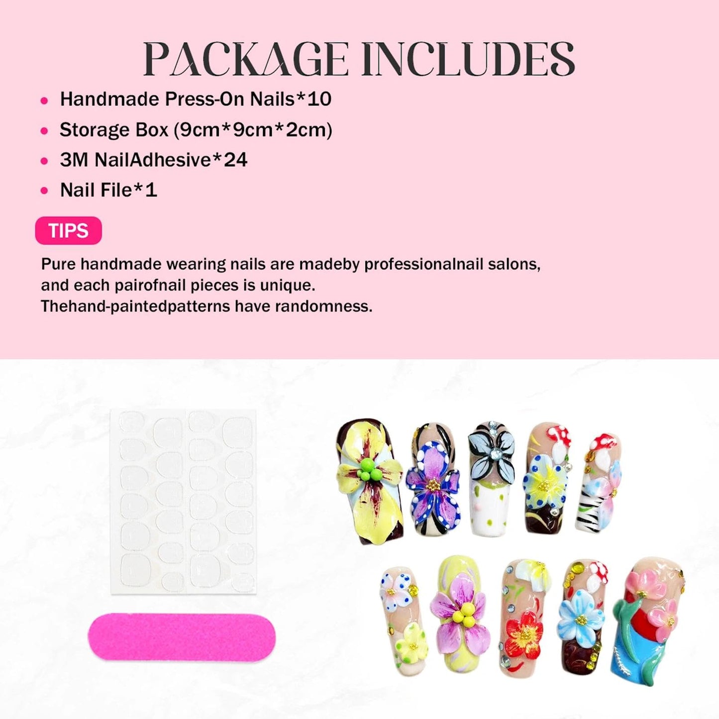 Handmade 3D Floral Art Colorful Square Press On Nails, Sweet Rhinestone Artisan Nails Set, Reusable Glossy Press-ons with Tool Kit(S)