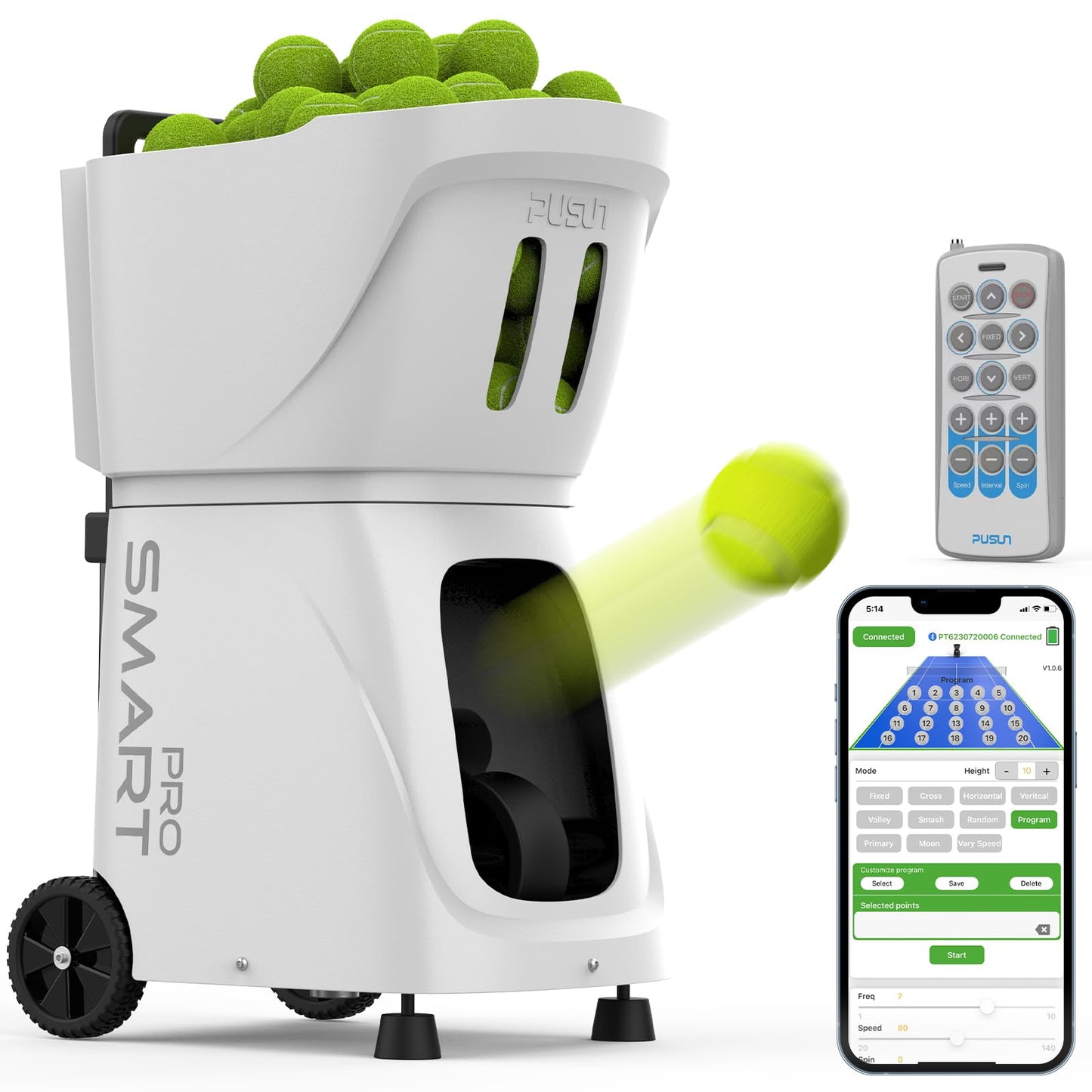 PUSUN PT-Smart-Pro Smart Tennis Ball Machine - Auto Serve with APP/Remote/iWatch Control,12 Serving Modes, 4-6H Battery for Training/Coaching (White)