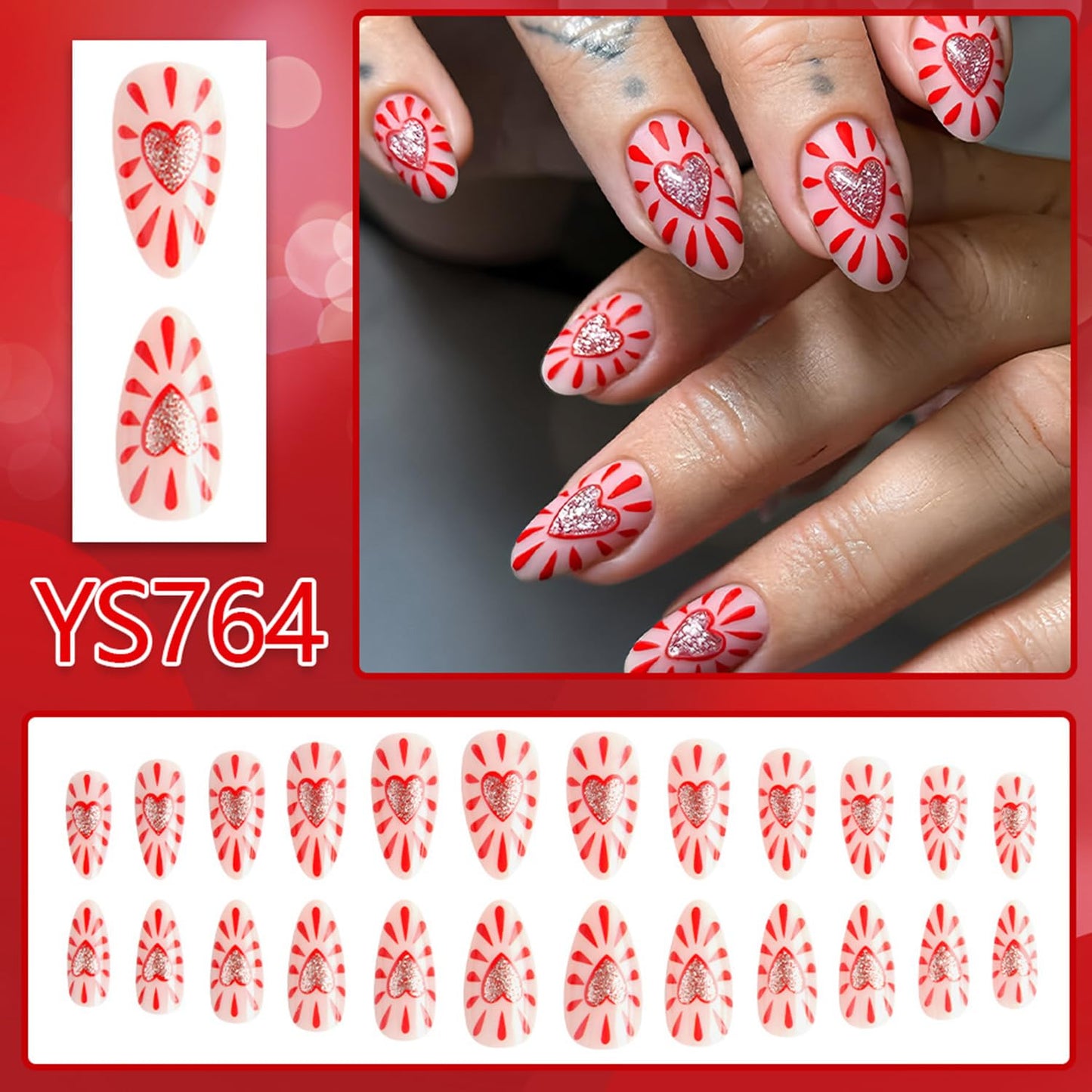CJDLTS 24Pcs Valentines Press on Nails Short Artificial Acrylic False Nails Red Love Stripe Glossy Almond Full Cover Reusable Coffin Artificial Fingernails Stick on Nail for Women Festival Manicure