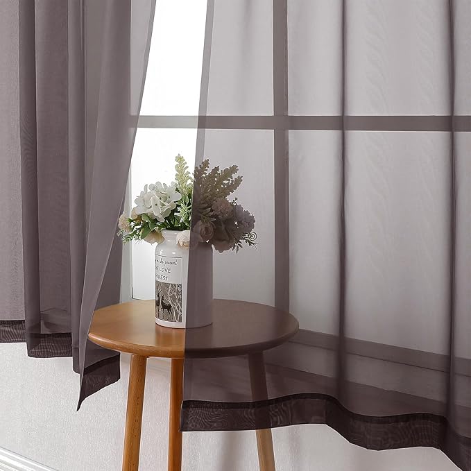 Lecloud Chocolate Sheer Curtains 54 Inch Length 2 Panels, Voile Curtains for Bedroom with Rod Pocket, Light Filtering Gauzy Window Treatments for Basement Bathroom, Each Panel 42 X 54 Inch