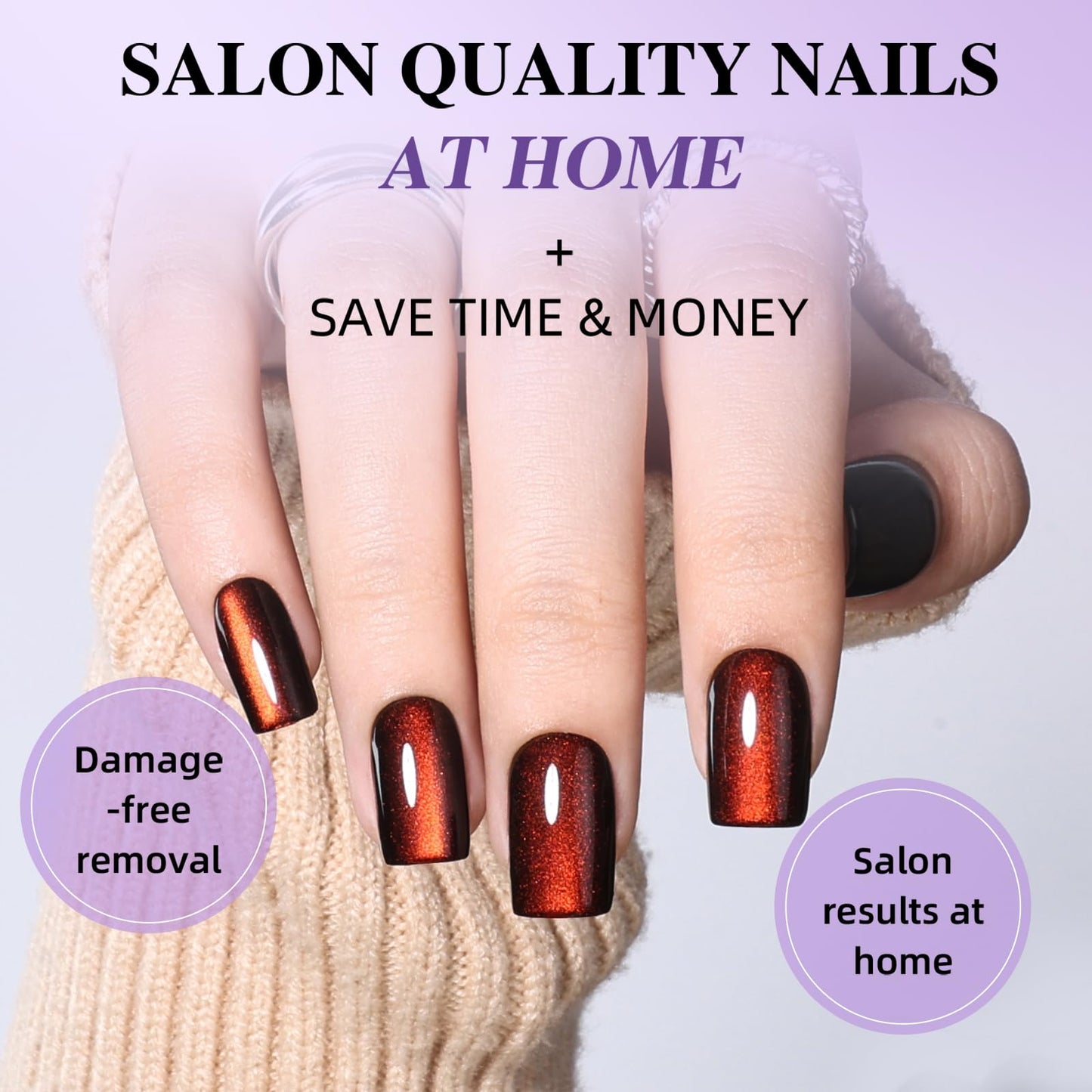 Red Brown Cat Eye Press On Nails - Short Square Cat Eye Nails Press Ons for Women Fake Nails with Glue, Glossy Reusable Glue on Nail in 16 Sizes - 32pcs