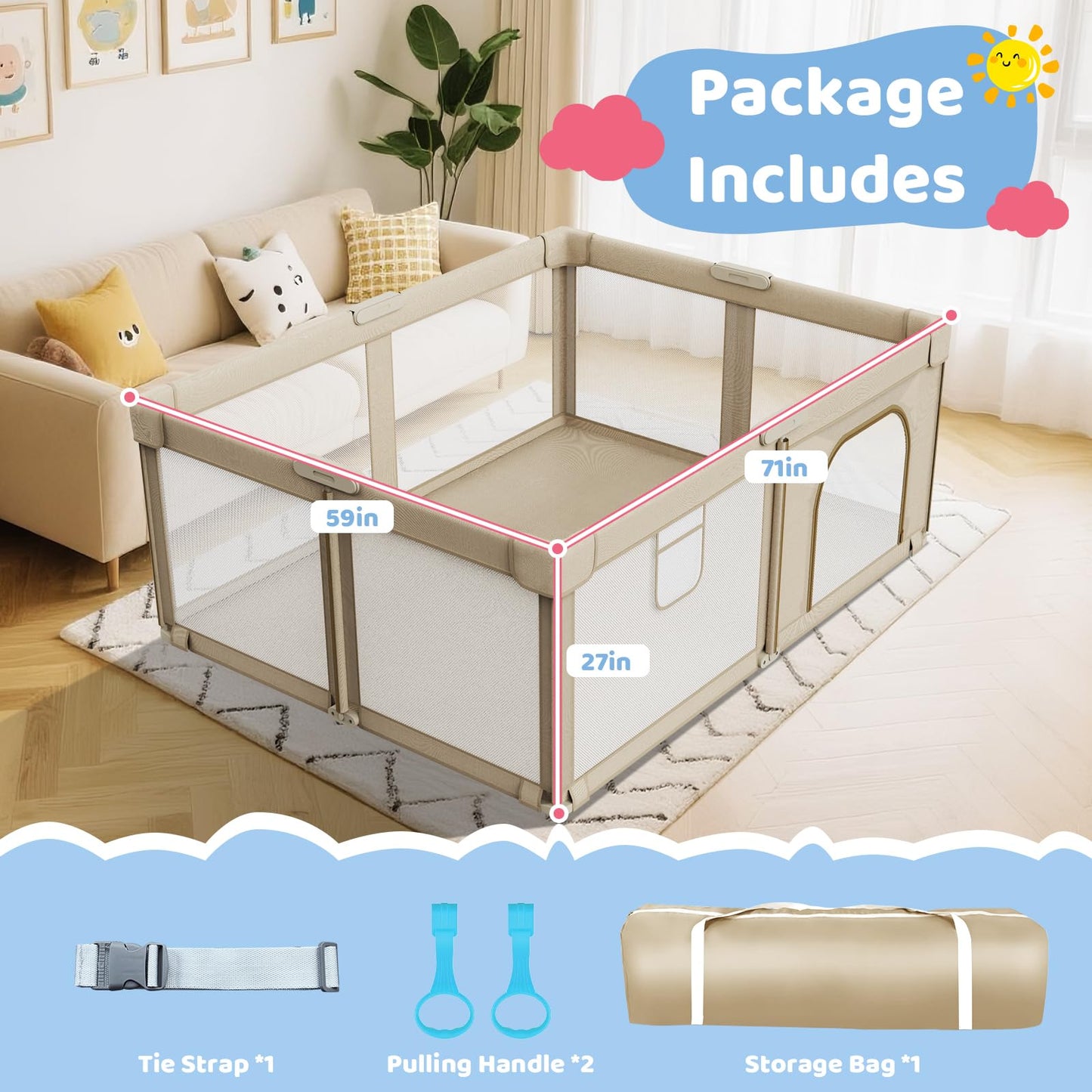 Foldable Baby Playpen: 71” x 59” Super Large Playpen for Babies and Toddlers - Portable Play Pen for Babies with Breathable Mesh & 2 Pulling Handle - Baby Play Yard for Outdoor & Indoor
