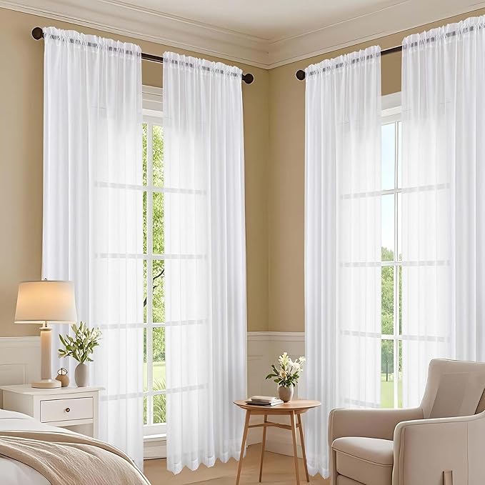 OVZME White Sheer Curtains 84 Inches Long 2 Panels Set, 59 Inch Extra Wide Light Filtering Sheer White Curtains for Living Room Bedroom, Modern Voile Filmy Rod Pocket Window Drapes, 59Wx84L Inches