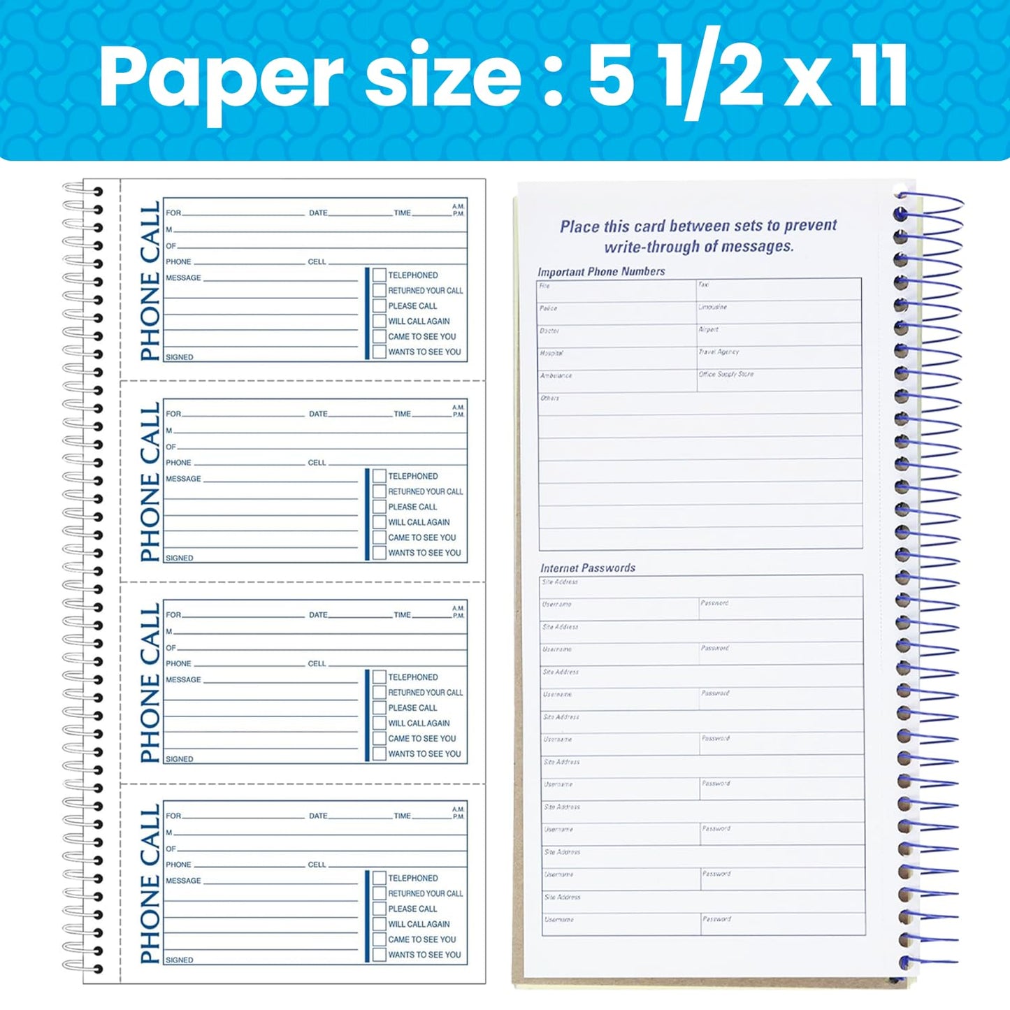 Adams Phone Message Book, 5.25 x 11 Inch, Spiral Bound, 2-Part, Carbonless, 4 Messages per Page, 400 Sets, 2-Pack, White and Canary (S1154-2D)