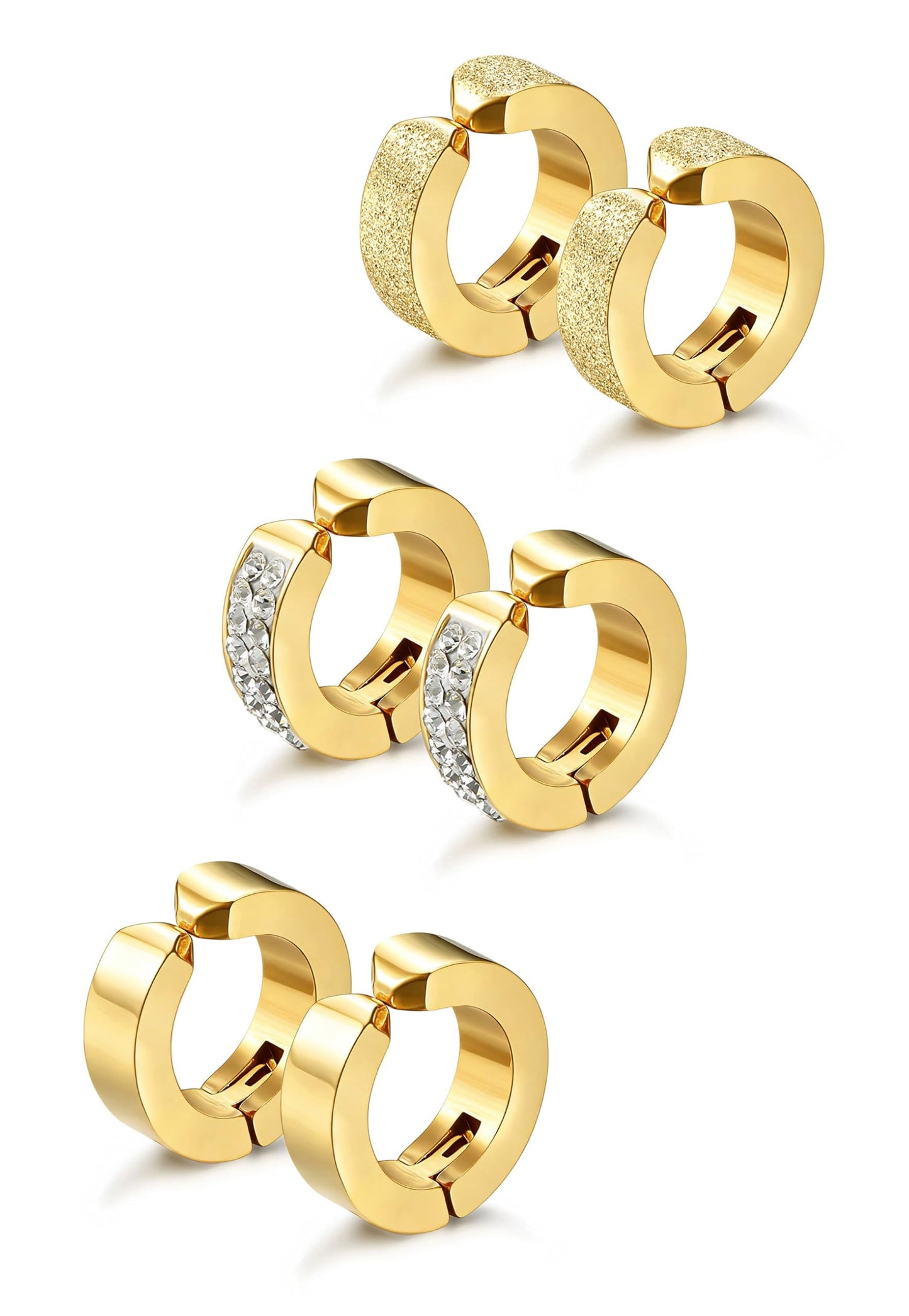 Jstyle 3 Pairs Stainless Steel Mens Womens Hoop Earrings Clip On CZ Non-Piercing G