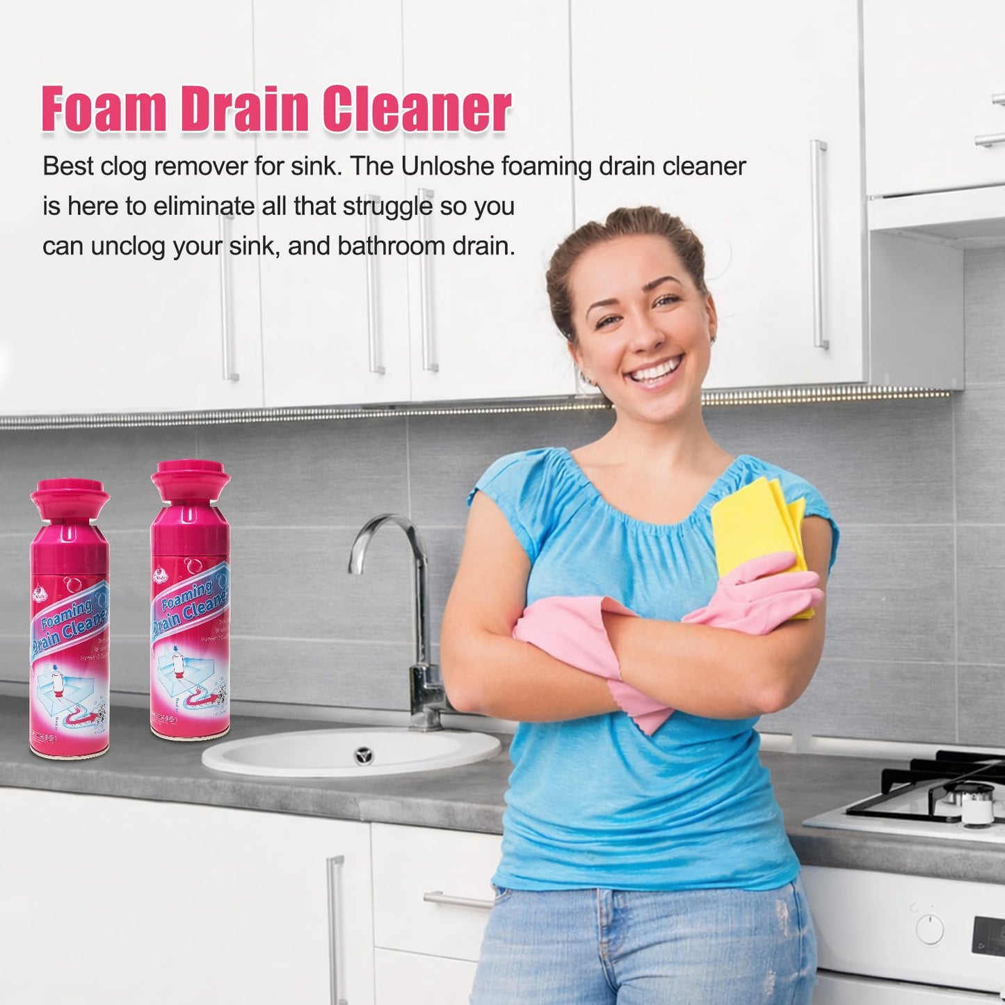 Foaming Drain Cleaner, Sink Drain Cleaner and Deodorizer, Drains Clog Remover for Bathroom Sinks, Washbasin, Tubs (2PCS)