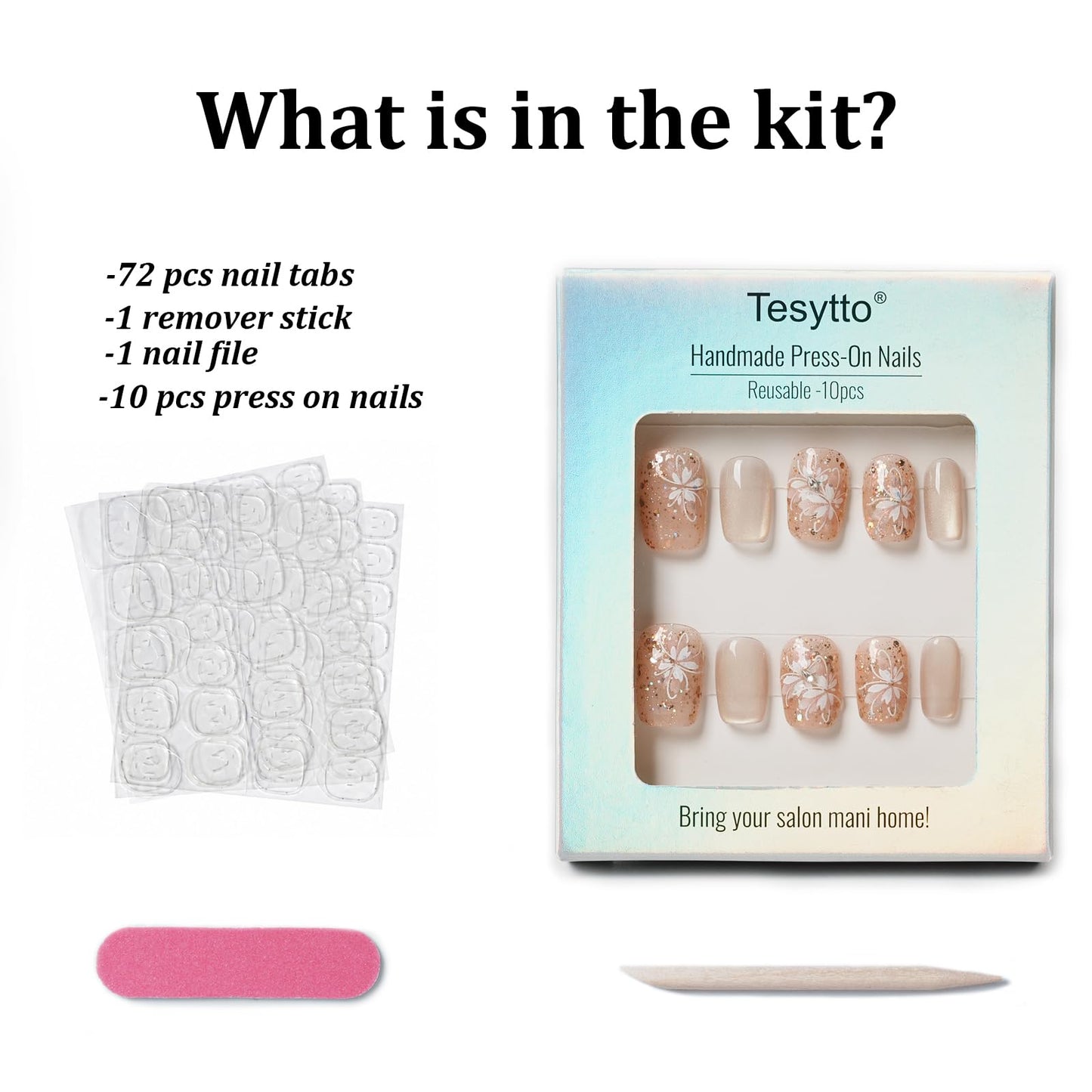 Tesytto Handmade Press on Nails Glitter Short Coffin, Nude Pink with Flower & Butterfly Pattern, Reusable Full Cover False Nails 10Pcs (Warm Glossy Dream,M)