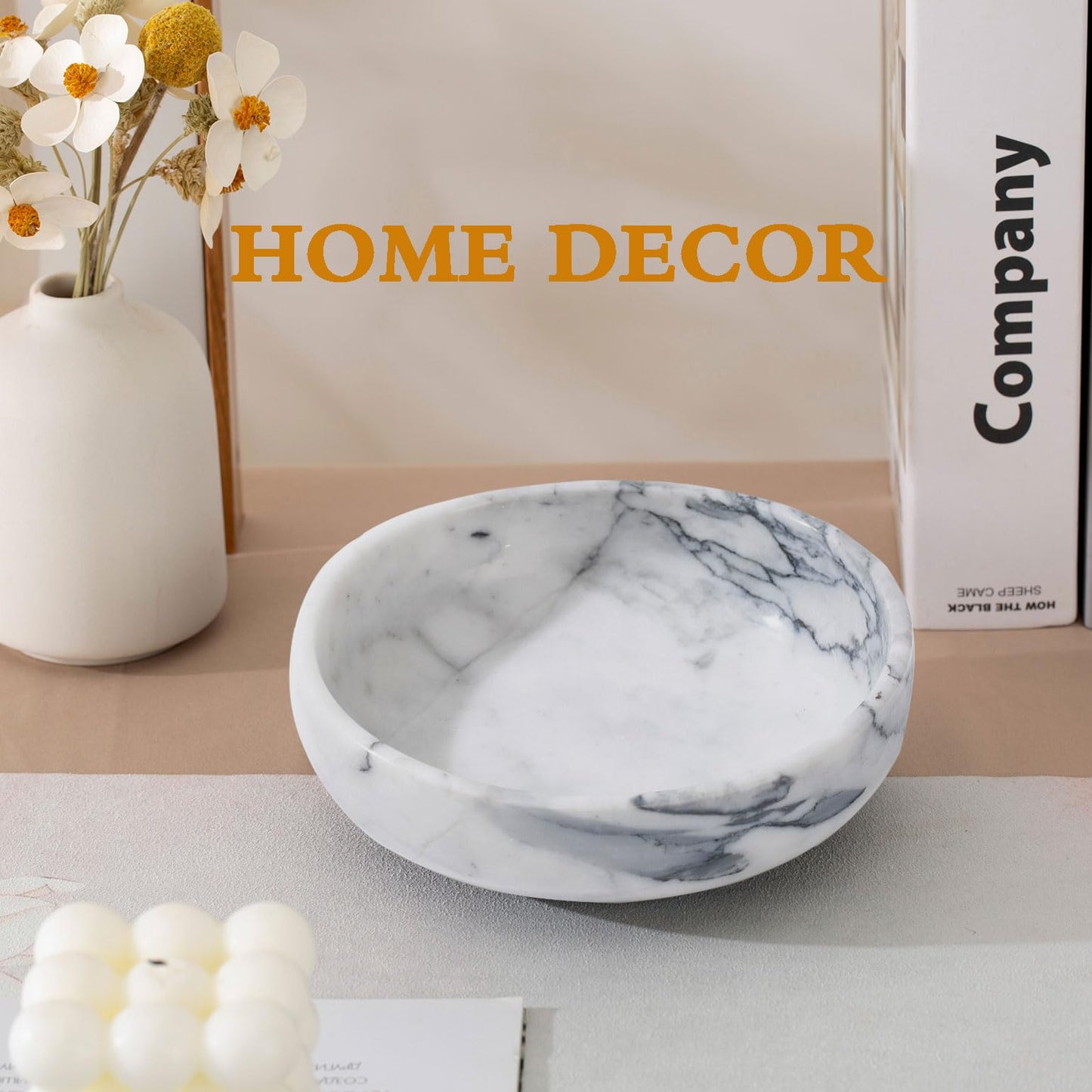 CM CHIC MONDAY 6.7" Decorative Bowl - Natural Marble Key Bowl & Centerpiece (White & Grey)