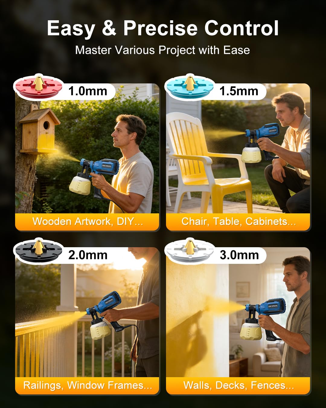 Paint Sprayer, HVLP Spray Gun with Cleaning & Blowing Joints, 4 Nozzle Sizes & 3 Spray Patterns, Easy to Clean, for Furniture, Cabinets, Decks, Walls, Doors, DIY Projects, etc.