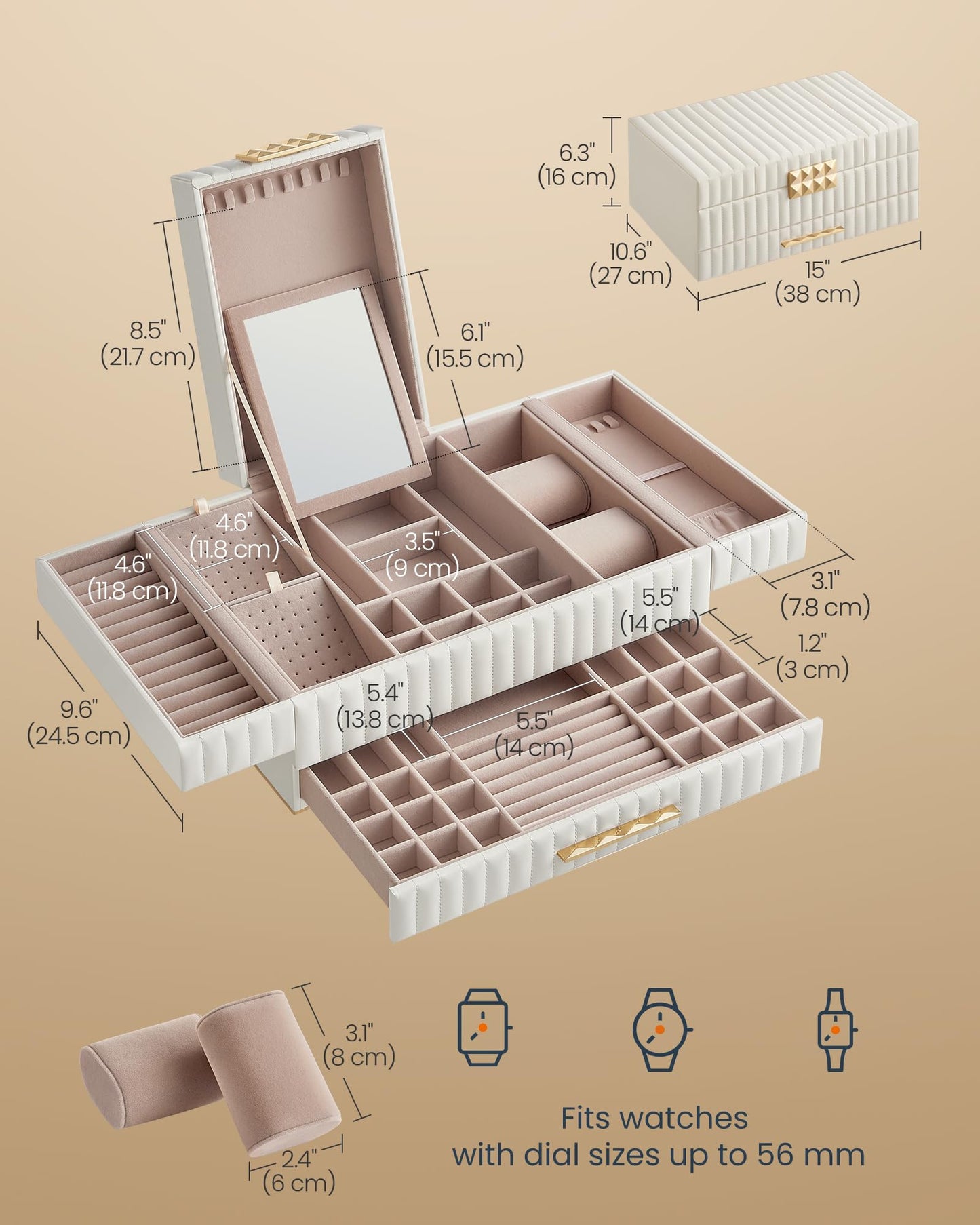 SONGMICS HOME Large Capacity Jewelry Box with Mirror, Jewelry Organizer with a Drawer, PU Surface with Stitching, 10.6 x 15 x 6.3 Inches, Cloud White, ANAH Collection UJBC184W01