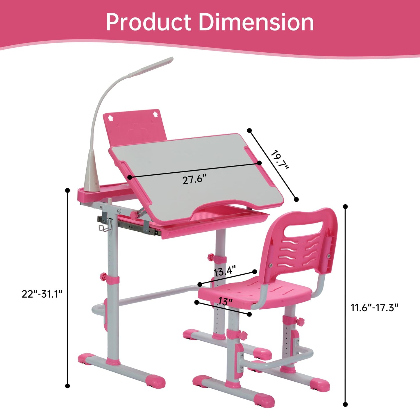 SMAGREHO Kids Desk and Chair Set, Height Adjustable Child's School Study Writing Tables with Tilt Desktop, LED Light, Storage Drawer, Book Stand (Pink)