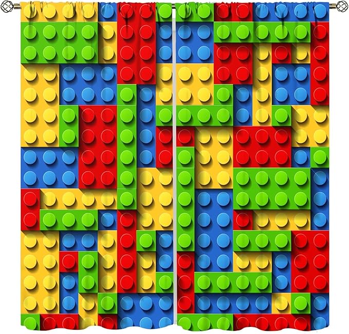 Kids Building Blocks Toy Curtains for Kids Room W72 x L63 Inch Rod Pocket Contour Plastic Colorful Toy Bricks Geometric Print Pattern Curtains for Boys Girls Bedroom 2 Panels