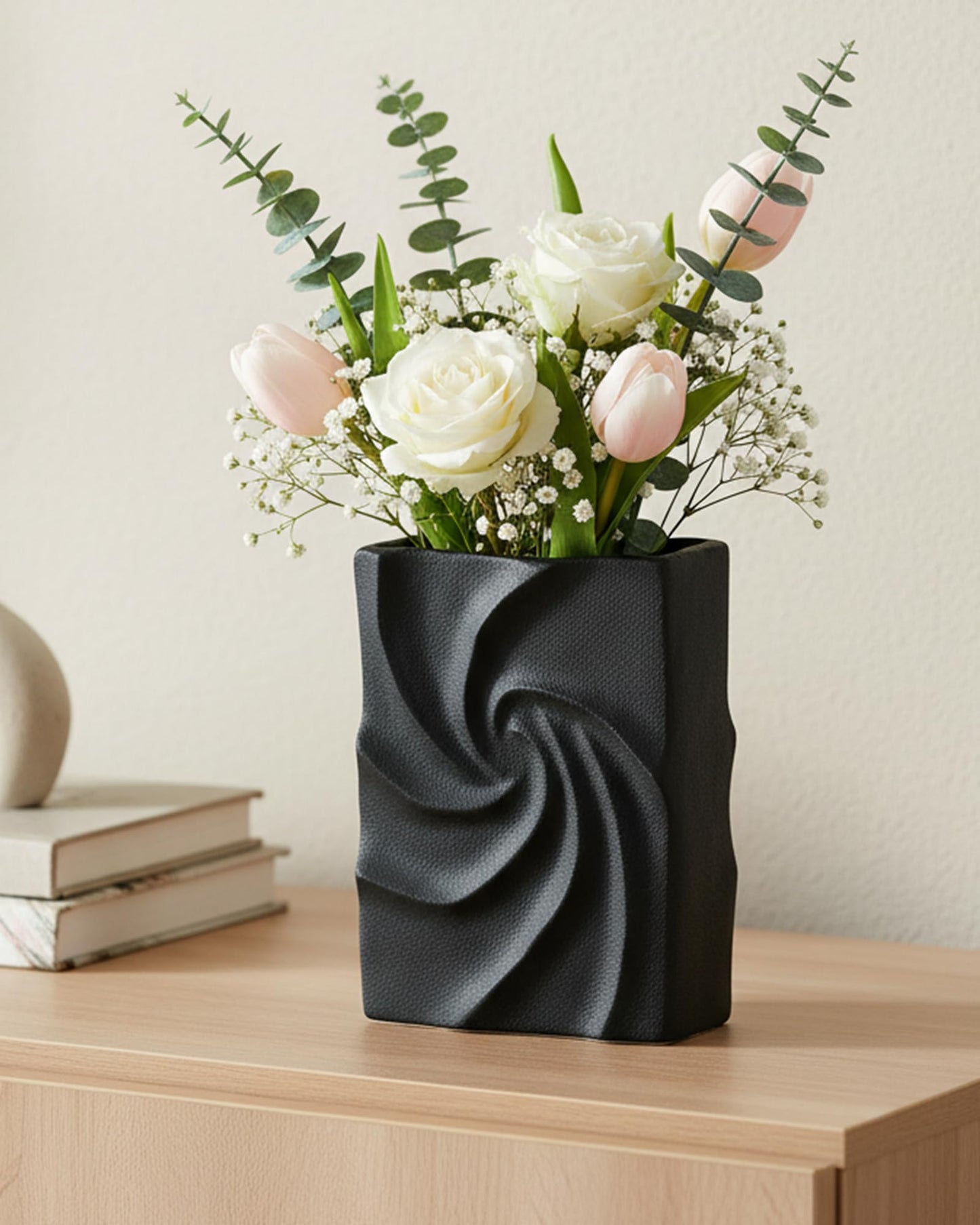 Small Black Vases Home Decor, Organic Square Whirlpool Shape, Aesthetic Small Flower Vase Living Room, Bedroom, Bathroom, Shelf & Table Decor, Boho Room Decor for Women OOSTONEE