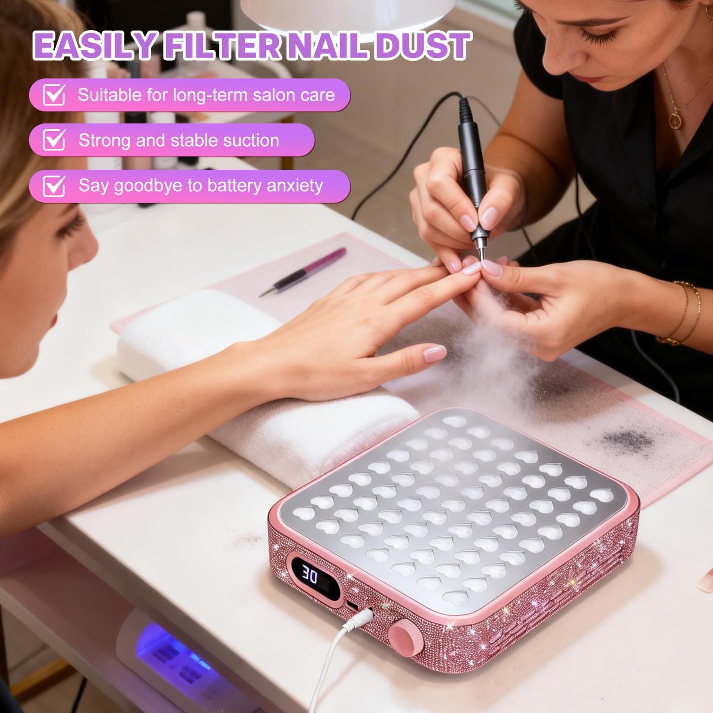 Nail Dust Collector - Nail Fan Dust Collector Compact Salon Tool for Acrylic Nails Polishing, Nail Salon Home (Pink)