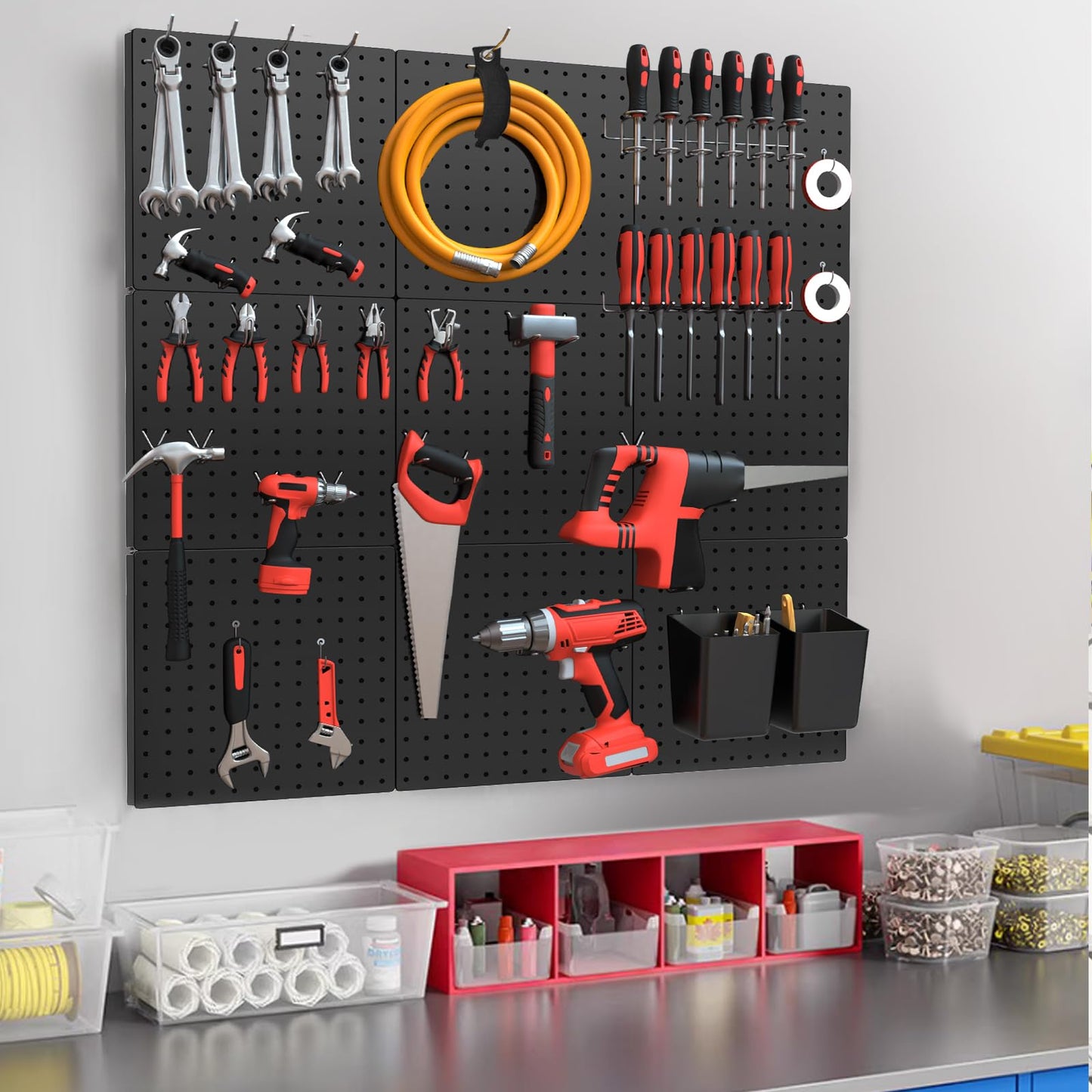 FZK Peg Board Wall Organizer Kit. Heavy Duty, 82PCS Metal Pegboard, Black, 36 * 24