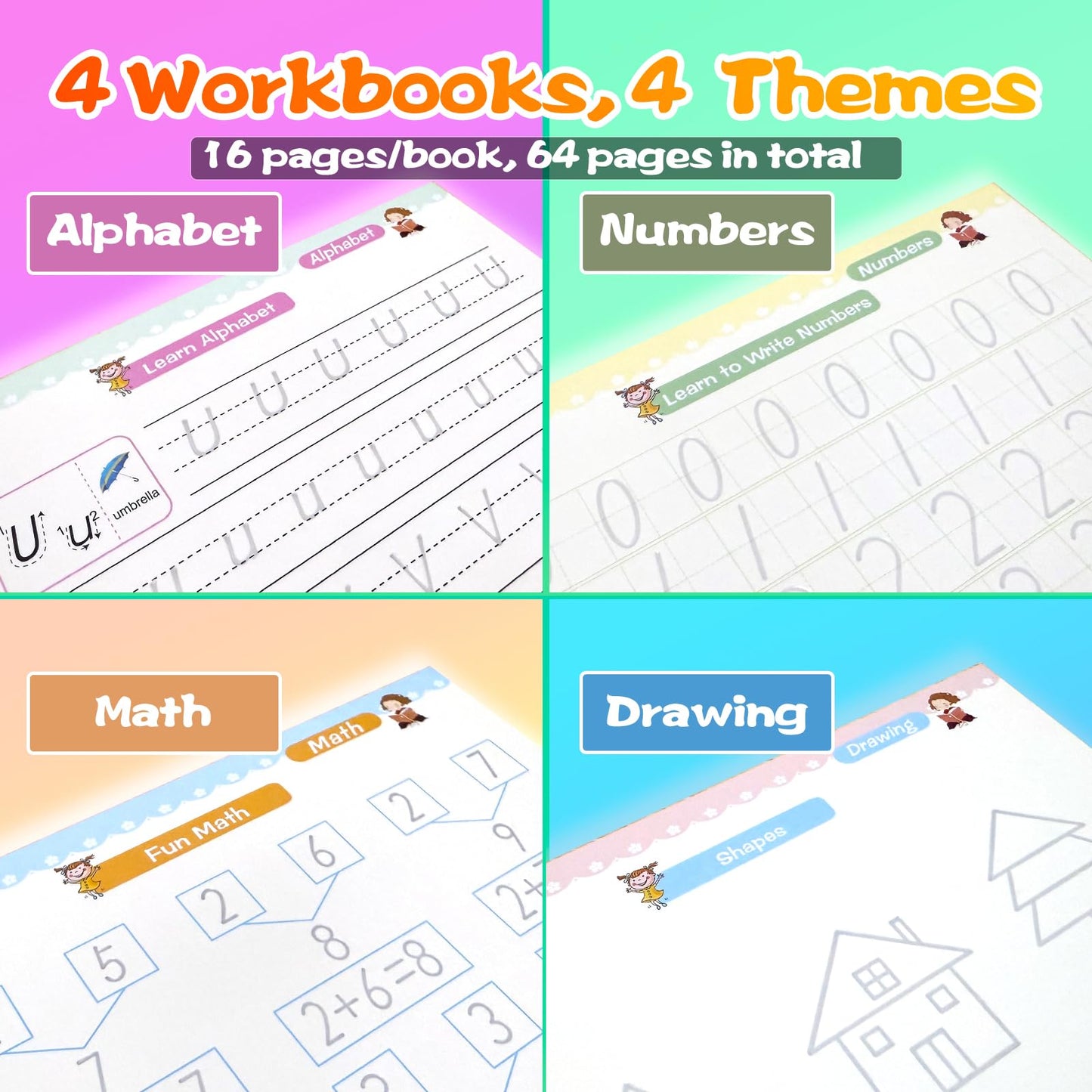 4 Magic Grooved Writing Practice for Kids - English Pre K Tracing Practice Book, Reusable Preschool Handwriting Workbooks Without Tears, 4-Theme Copybooks with Pen Refill for Age 3-10 (English, Small)