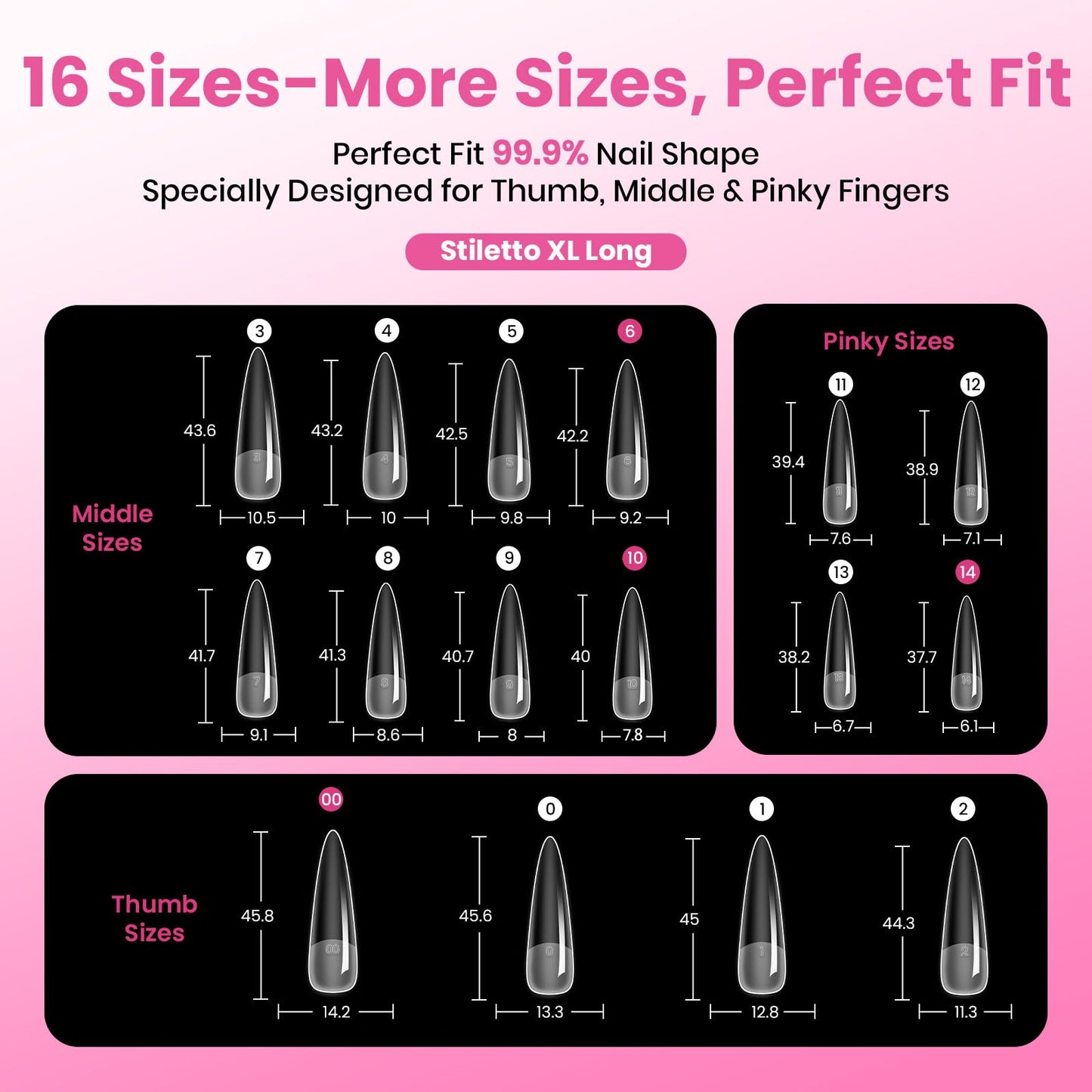 Beetles Tipex Instant Apex Nail Tips, XL Long Stiletto, 16 Sizes | 00–14, 160PCS, Built-in Apex Acrylic Tips for Flat & Natural Nail Beds, Beginner-Friendly Easy DIY Nail Extensions