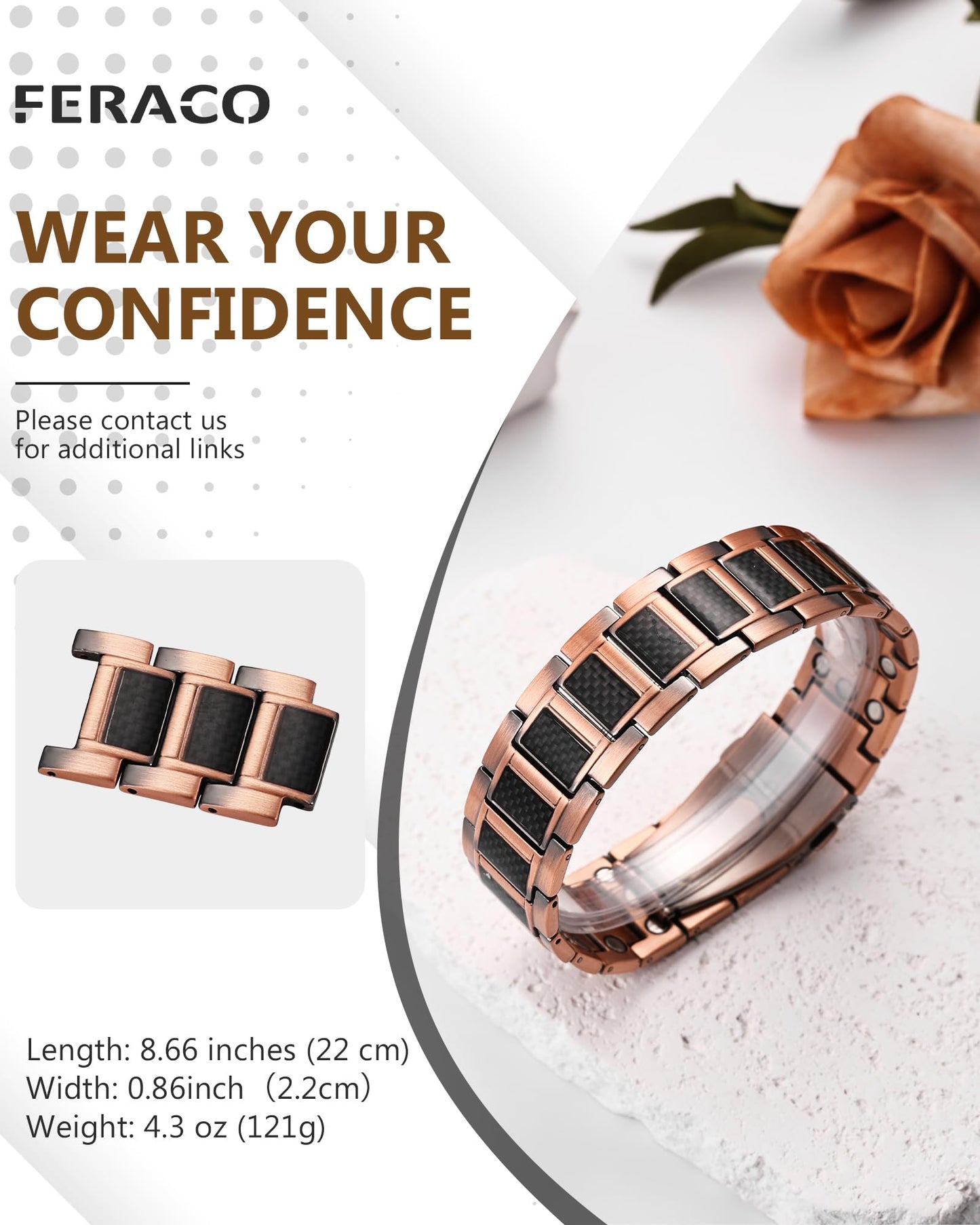 Feraco Copper Bracelet for Men 3X Strength,Magnetic Therapy Bracelet Copper Jewelry with 3800 Gauss Magnets,Cooper Bracelet for Man,Premium Fold-Over Clasp