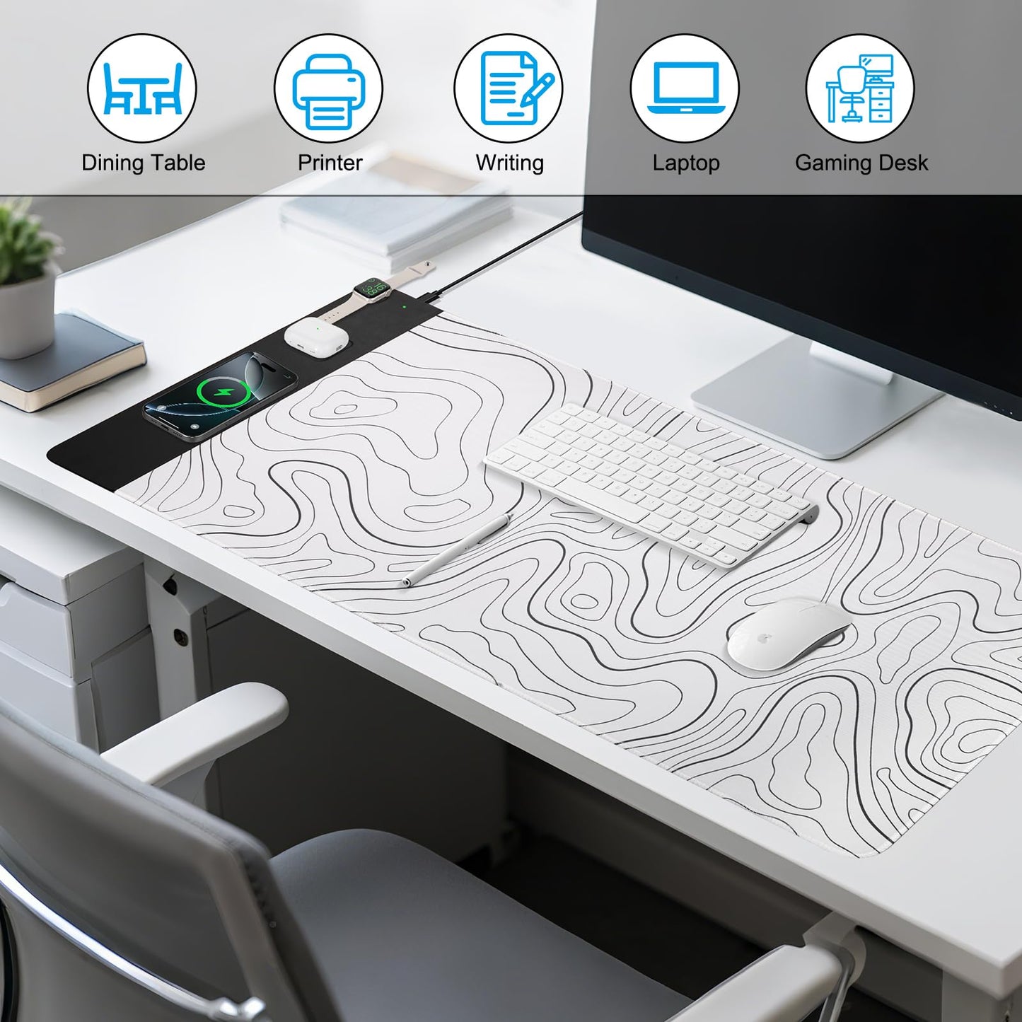 VOVIPO 3 in 1 Wireless Charging Mouse Pad, Desk Mat with Wireless Charger Multiple Devices Compitable with Watch/iPhone, White Topographic Large Desk Mat(90 x 40cm) for MacBook, PC, Laptop